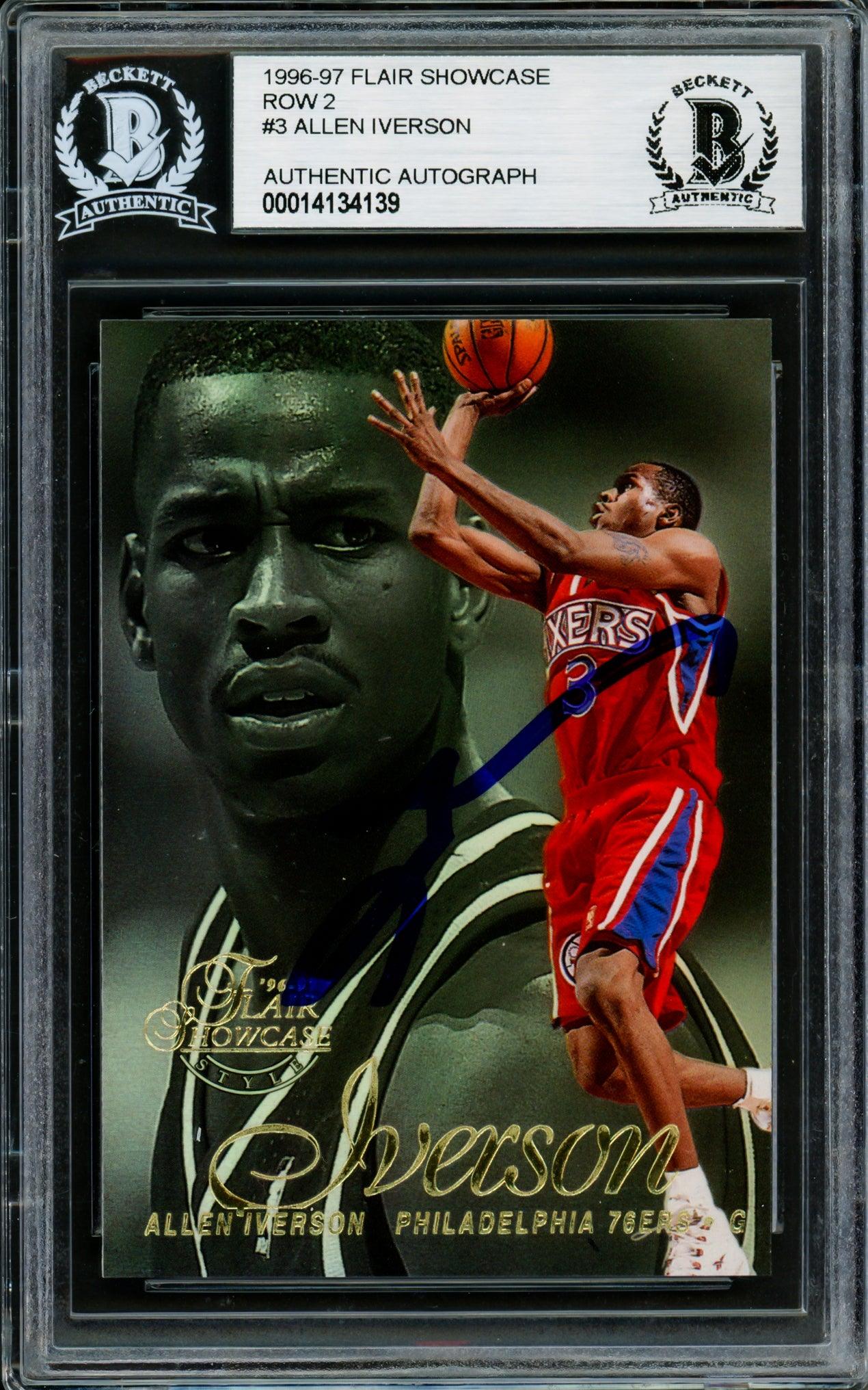 Allen Iverson Autographed 1996-97 Flair Showcase Row 2 Rookie Card #3 - Philadelphia 76ers - Beckett BAS #14134139 - Perfect for NBA Memorabilia Collectors & Sports Fans Display