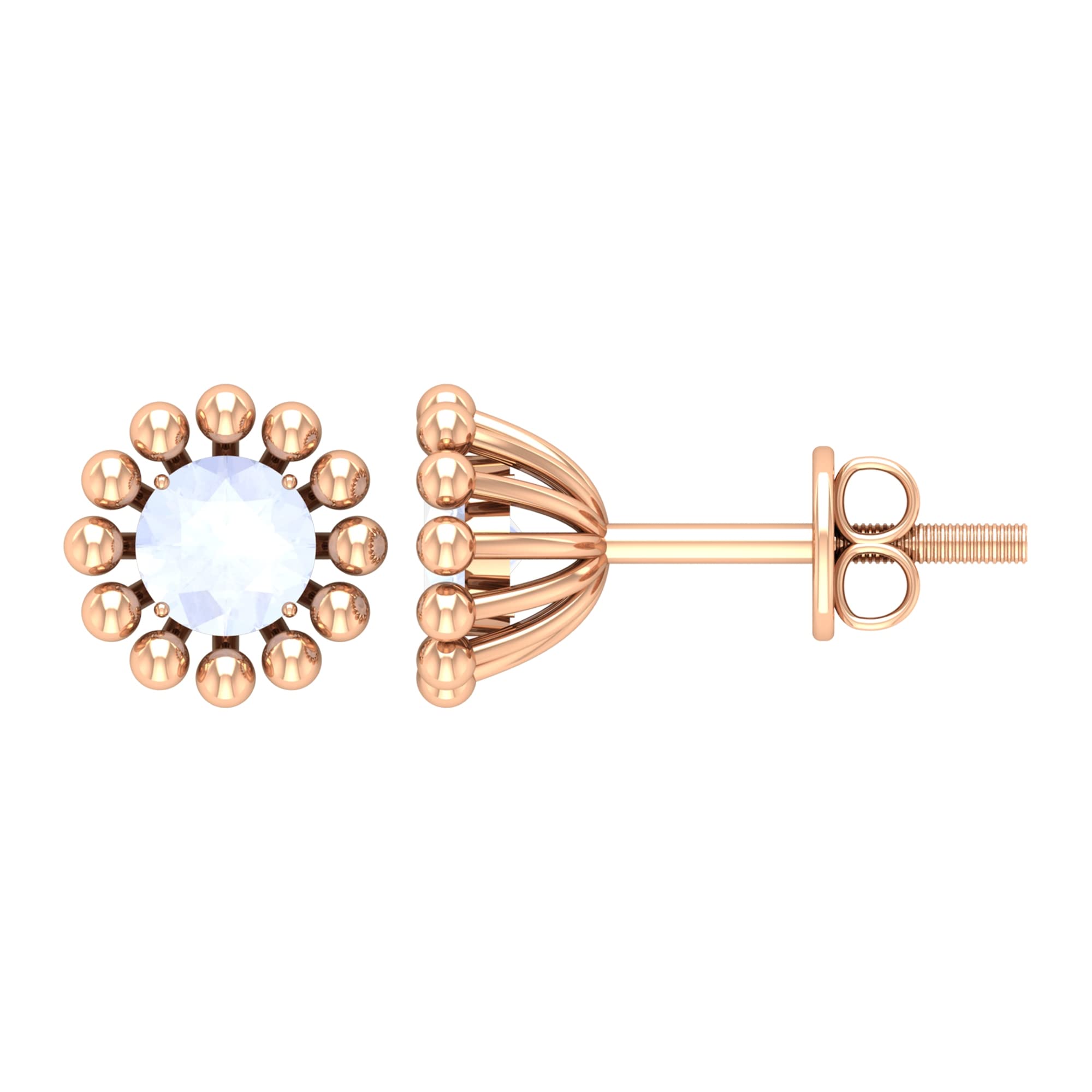 4mm Round Moonstone Stud Earrings - 3/4 Carat June Birthstone Jewelry - 14K Solid Gold Beaded Solitaire Earrings for Women - Perfect Gift for Birthday, Anniversary & Everyday Wear
