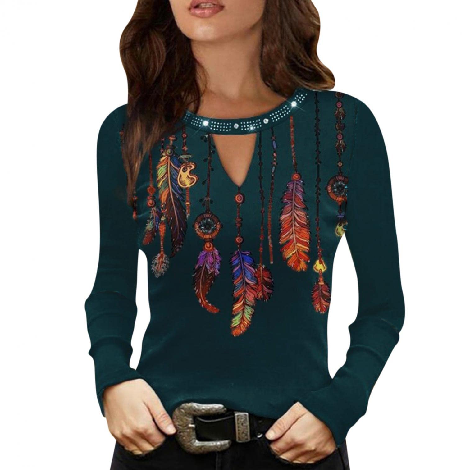 Vintage Aztec Print Lace Western Shirt for Women - Casual Long Sleeve Top for Outfits