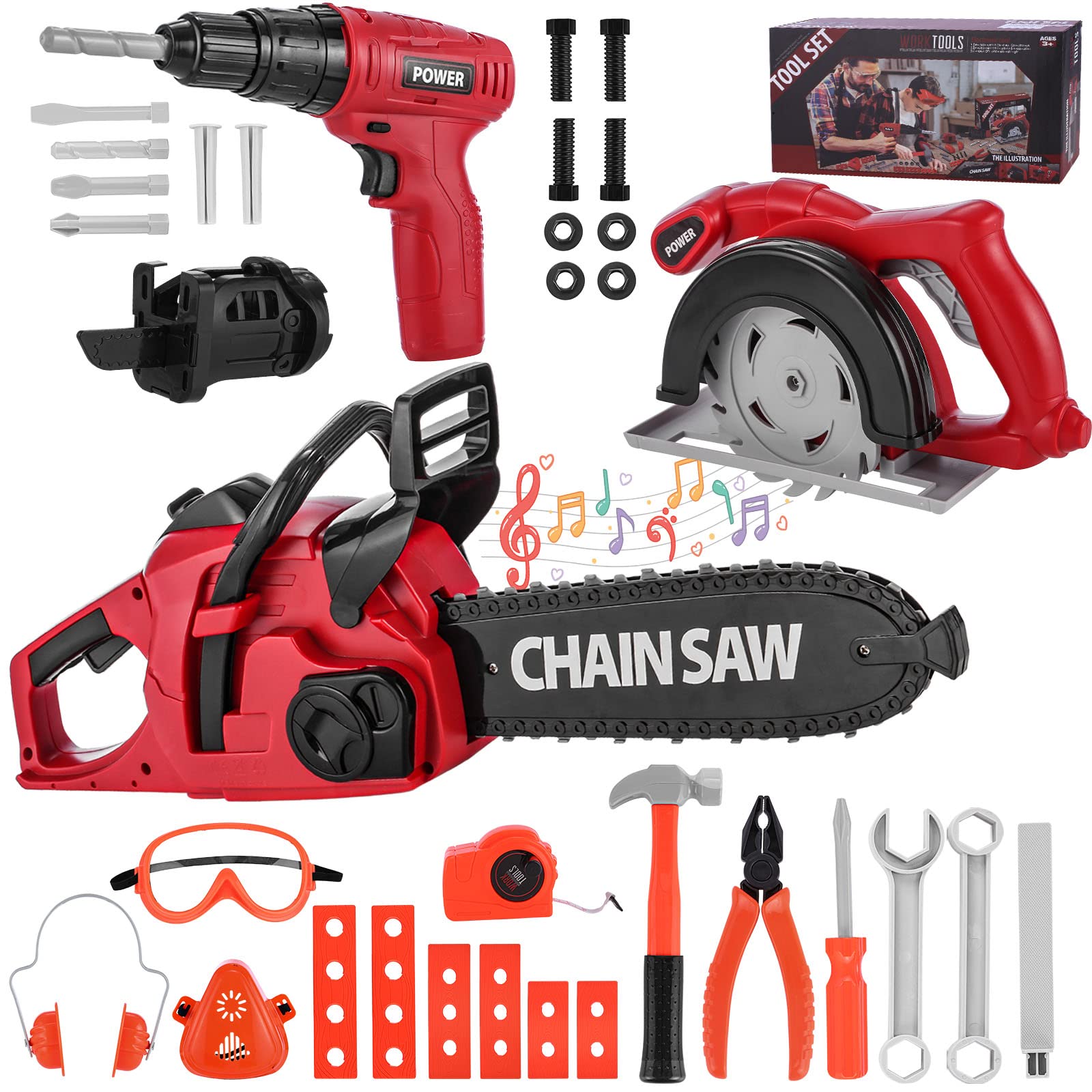 Kids Electric Toy Chainsaw - 36 PCS Pretend Play Tool Set for Boys & Girls Ages 3-12 | Outdoor Power Tools Toys for Toddlers & Children | Perfect for Birthday Gifts, Role Play & DIY Projects