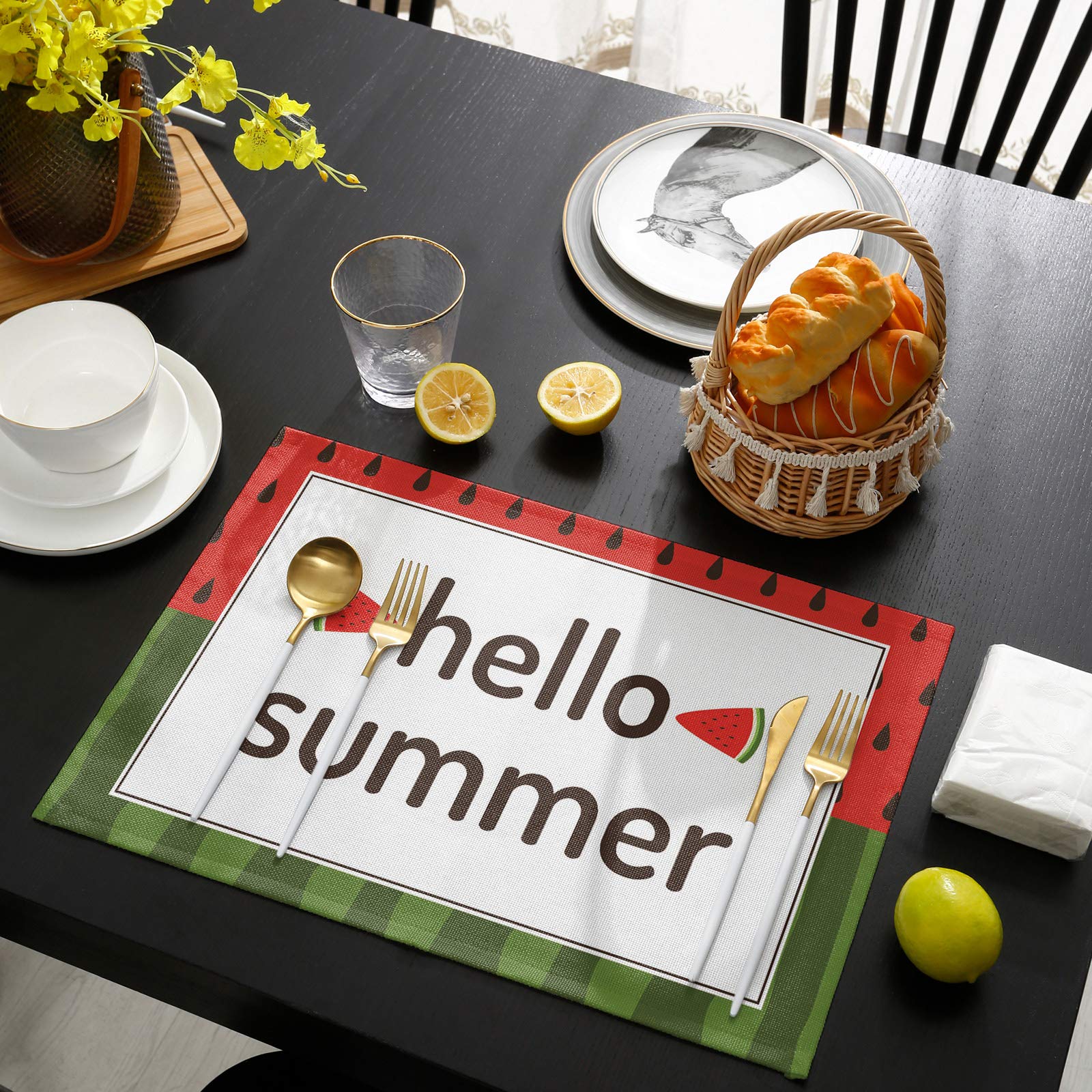 4-Pack Cotton Linen Placemats Set - Heat-Resistant & Non-Slip Dining Table Mats (13x19 Inch) for Kitchen, Restaurants & Outdoor Picnics - Washable Summer Table Decor with Plate & Cup Holders