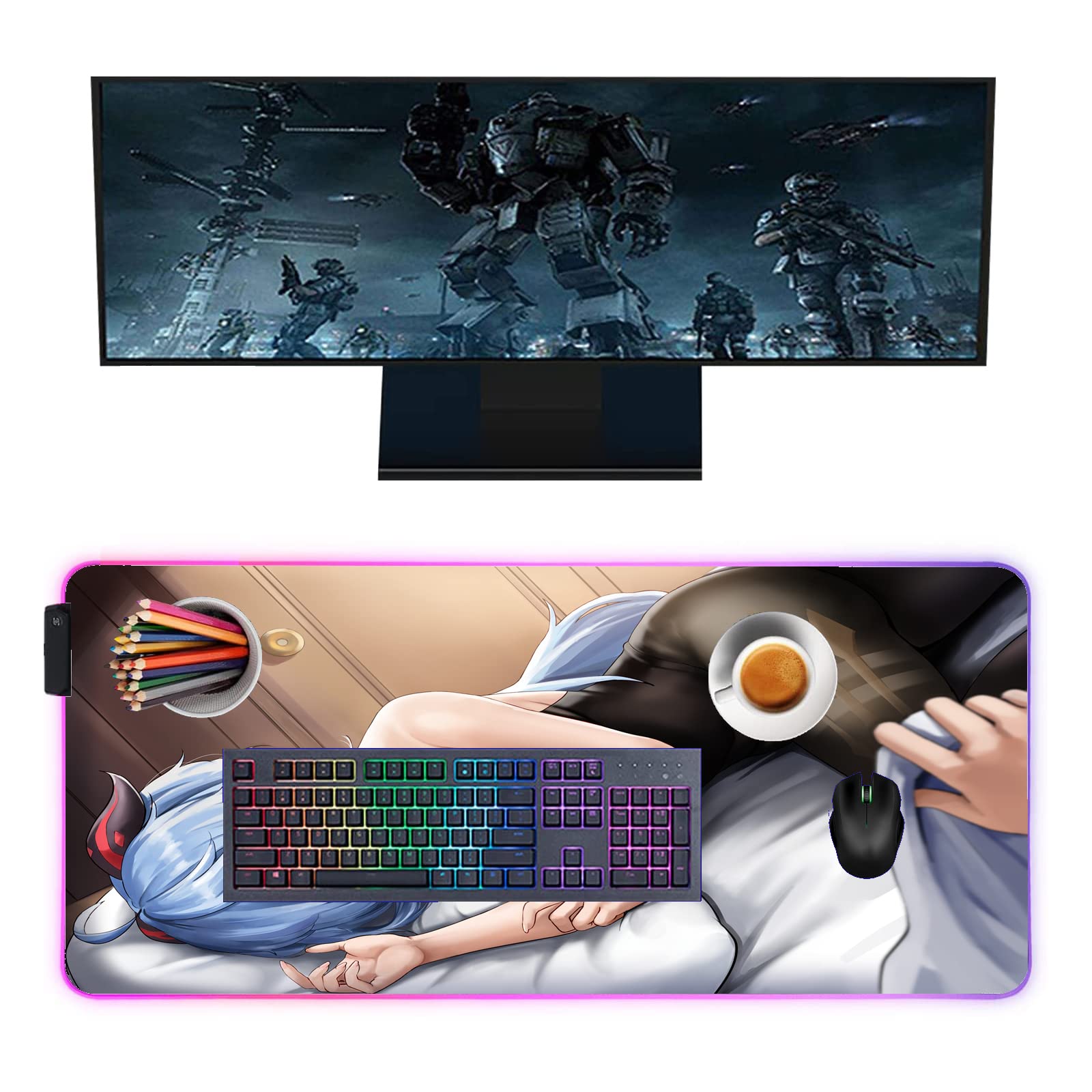 Anime Girl Gaming Mouse Pad - Large 35.43 x 15.74 Inch RGB LED Backlit Desk Mat for Computer, Keyboard & Mouse - Perfect for Gamers & Office Workstations