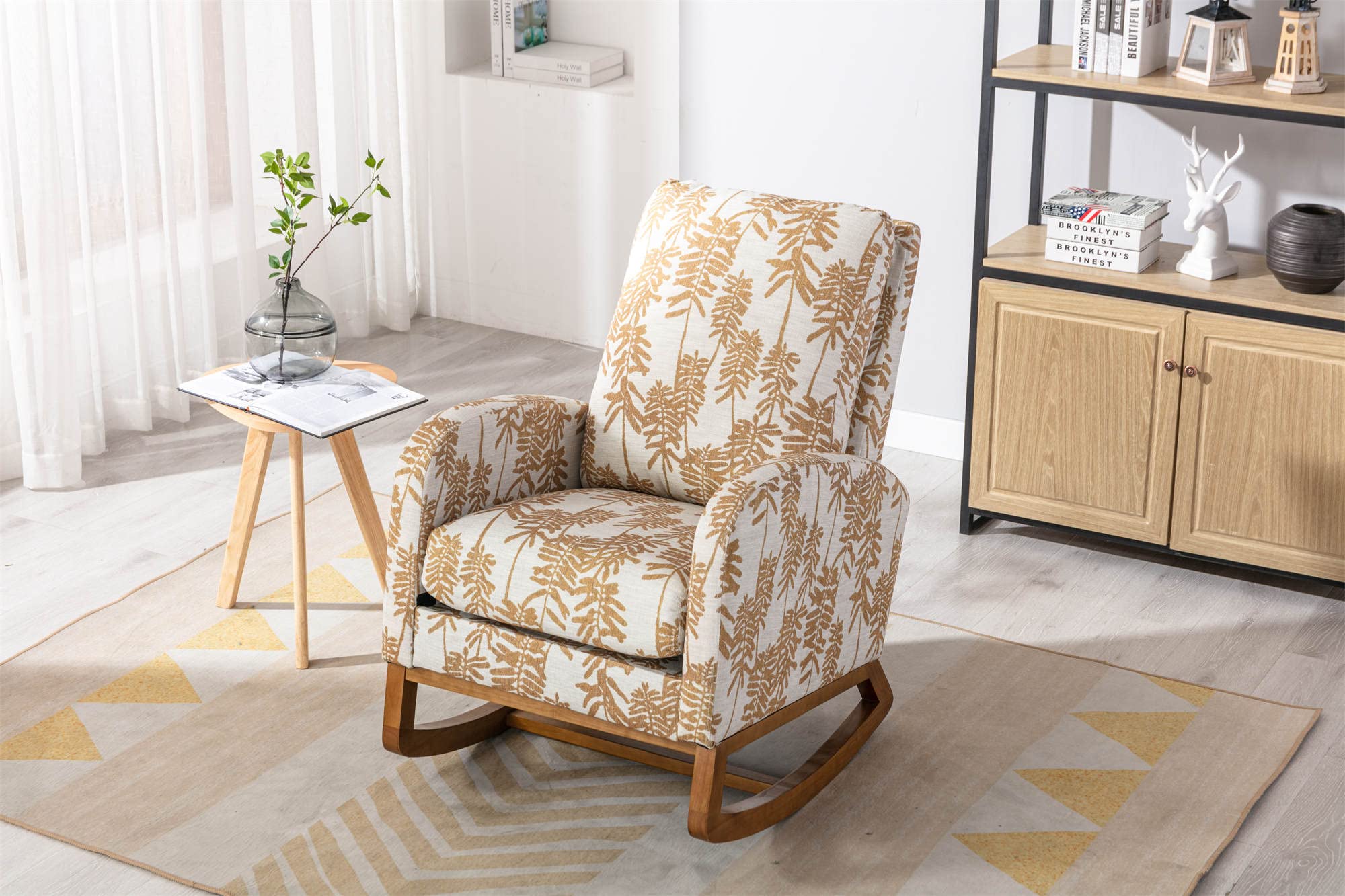 Mid-Century Modern Rocking Chair with High Backrest & Side Storage Pocket - Nursery Rocking Accent Armchair for Living Room, Bedroom - Yellow Leaf Design - Perfect for Nursing, Reading & Relaxing