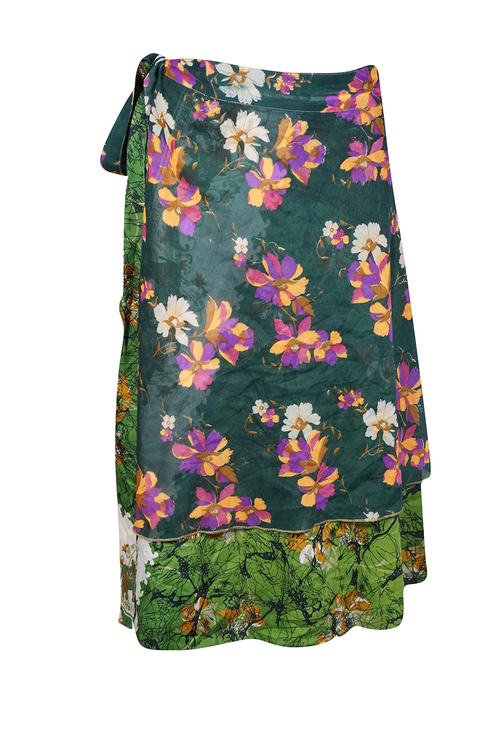 Women's Black Printed 2-Layer Sari Beach Wrap Skirt - One Size, Perfect for Beachwear, Vacations, and Summer Outings