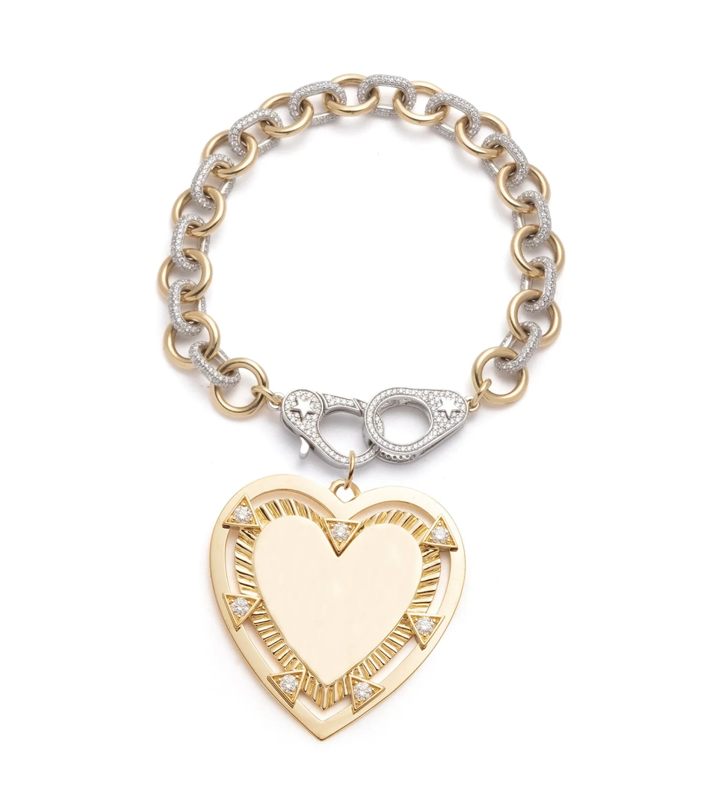Stylish Midsized Mixed Link Pave Bracelet with Oversized Engravable Heart Medallion & Annex Link - Perfect for Valentine's Gifts, Anniversary Presents & Everyday Fashion Jewelry