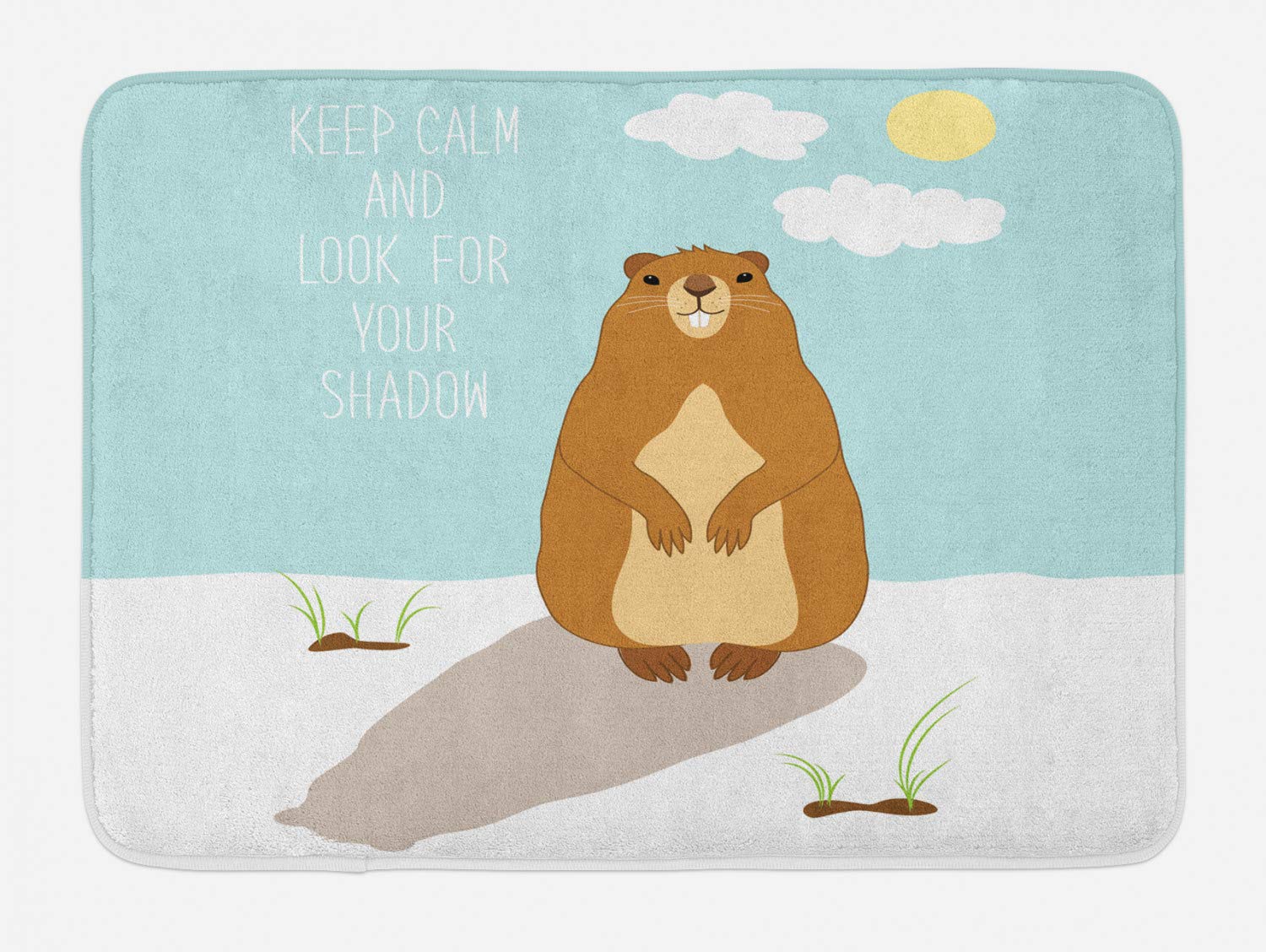 Ambesonne Groundhog Day Plush Bath Mat - Non-Slip Backing, 30.2 x 20 Inches, Pale Blue & Ginger - Keep Calm and Look for Your Shadow Standing Marmot Sun Design - Perfect for Bathroom Decor, Holiday Gifts & Themed Home Accessories