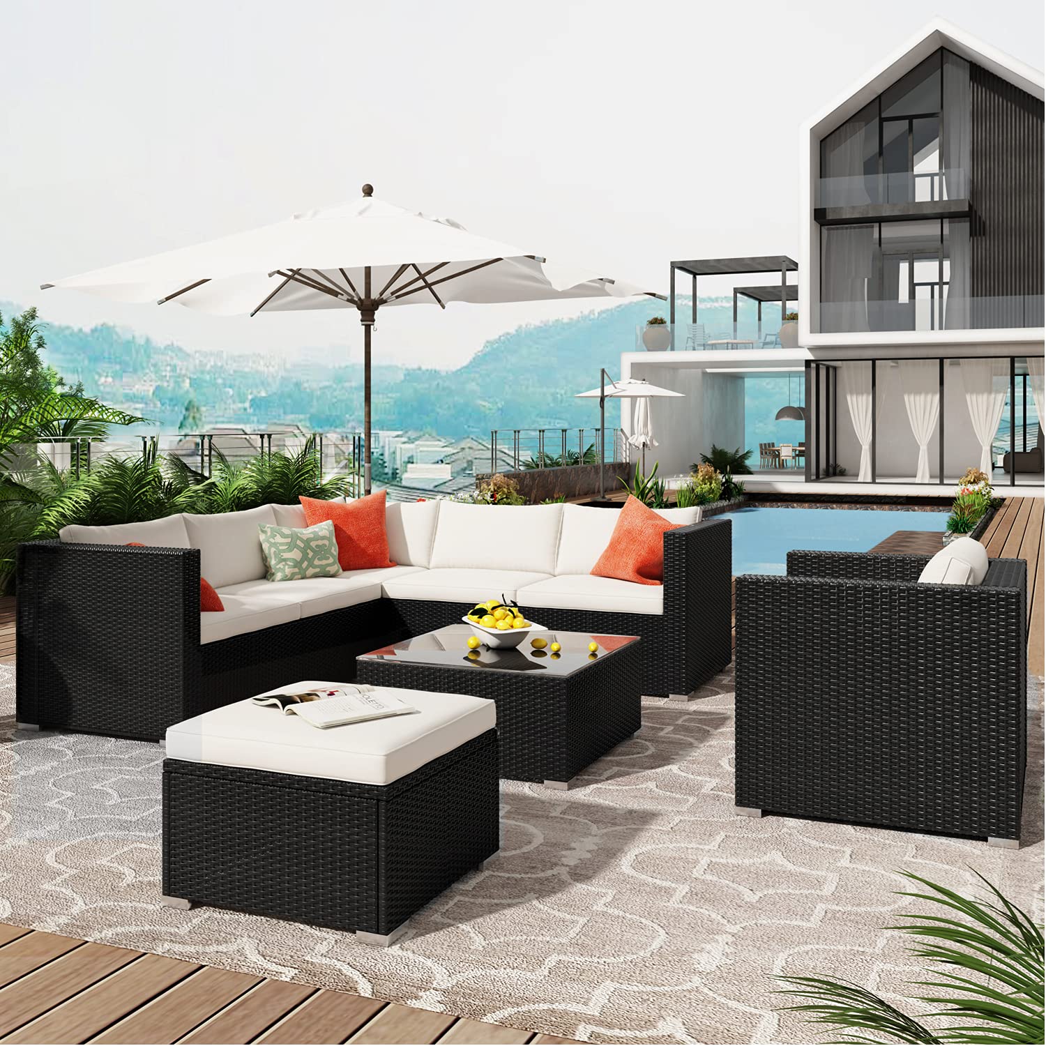8-Piece Outdoor Rattan Patio Furniture Set - All-Weather Brown Wicker Sofa, Dining Table & Chairs with Ottoman - Beige Cushions for Poolside, Balcony, Garden, or Backyard Relaxation