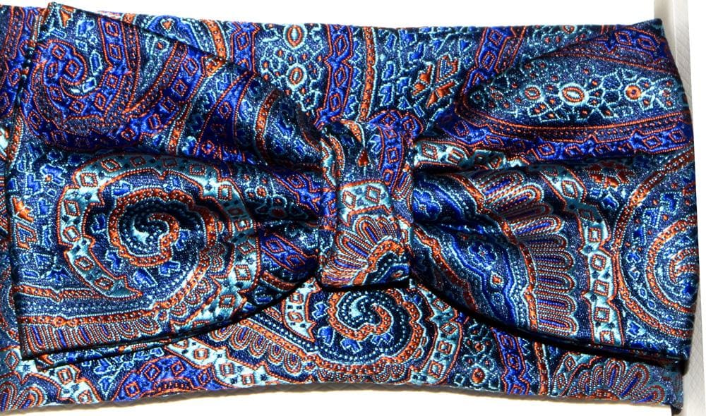 Stylish Poly Blue and Orange Paisley Bow Tie and Pocket Square Set for Men - Perfect for Weddings, Prom, and Formal Events