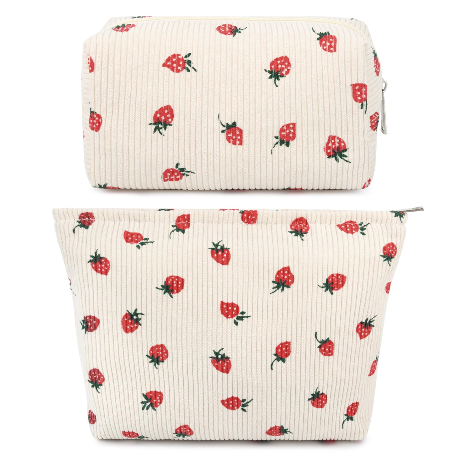 2 Pcs Large Cute Makeup Bag - Strawberry Beige Cosmetic & Toiletry Organizer for Women | Travel Makeup Pouch with Brush Storage | Perfect for Travel, Gym & Daily Beauty Routine