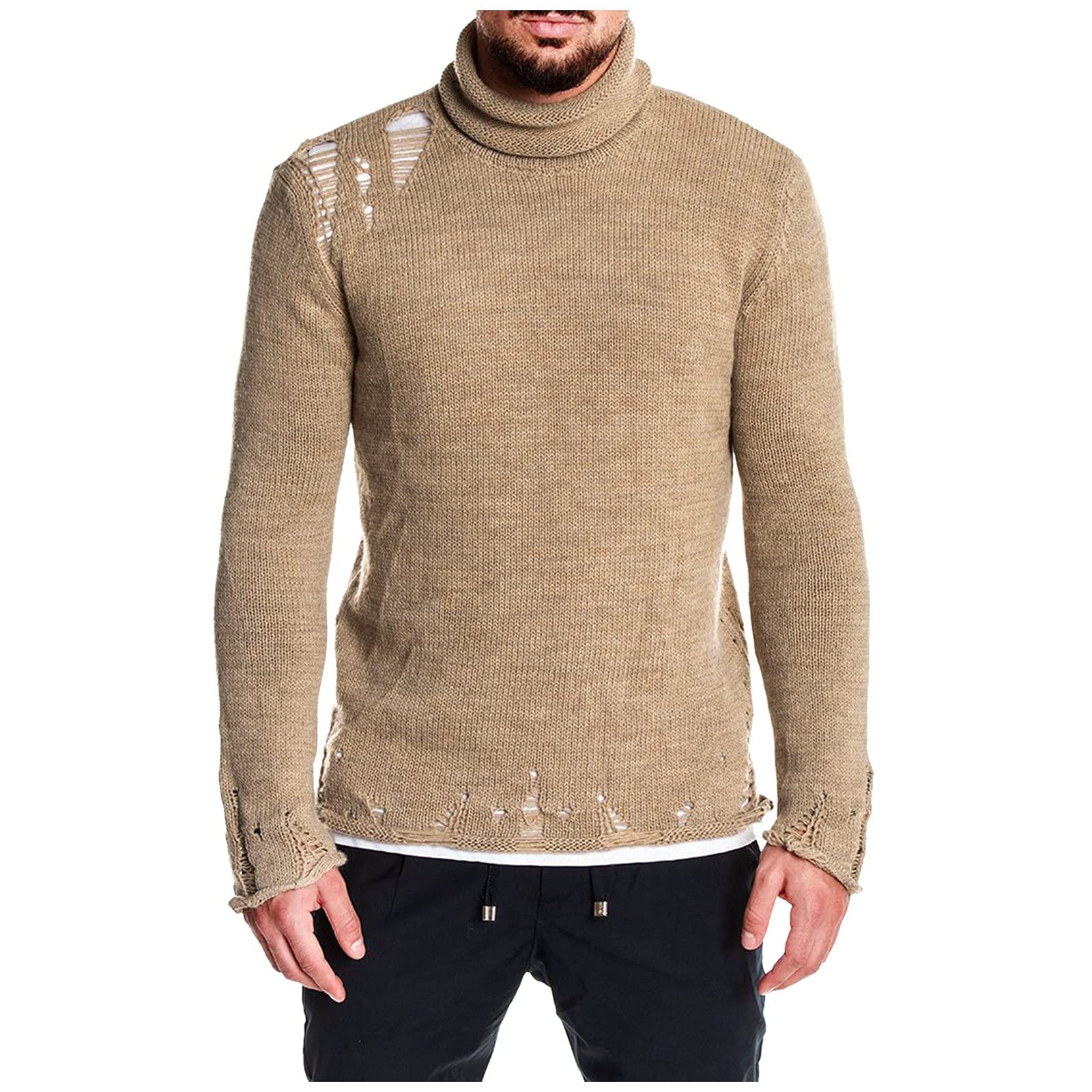 Men's Ripped Turtleneck Sweater - Soft Wool Pullover Knit for Winter - Perfect for Casual Outfits, Layering & Cold Weather Fashion