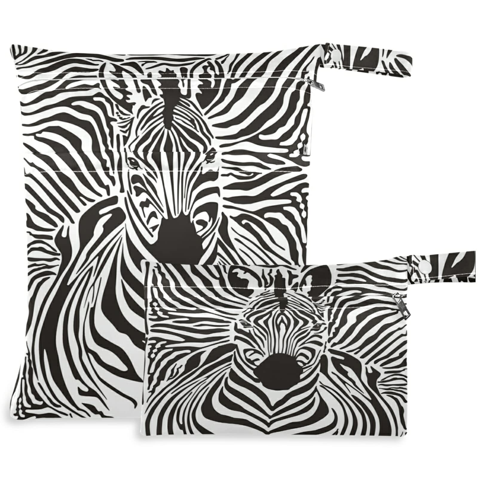 Visesunny 2-Pack Zebra Print Wet Bags with Zipper Pockets - Reusable Washable Waterproof Storage for Diapers, Swimsuits & Gym Clothes - Perfect for Travel, Beach, Daycare, Stroller & Sports Activities
