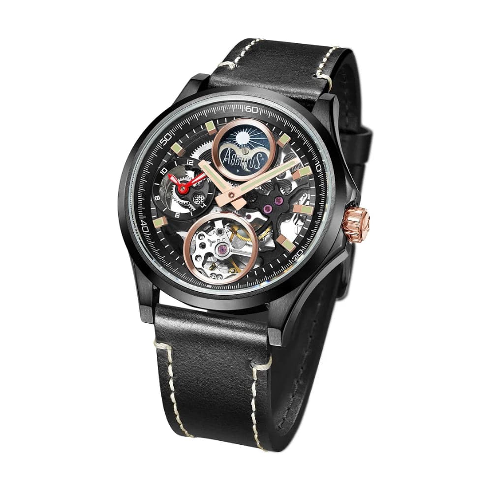 Arbutus AR1901BBB Automatic Dual Time Men's Watch with Black Leather Strap - Perfect for Business Travel & Formal Occasions