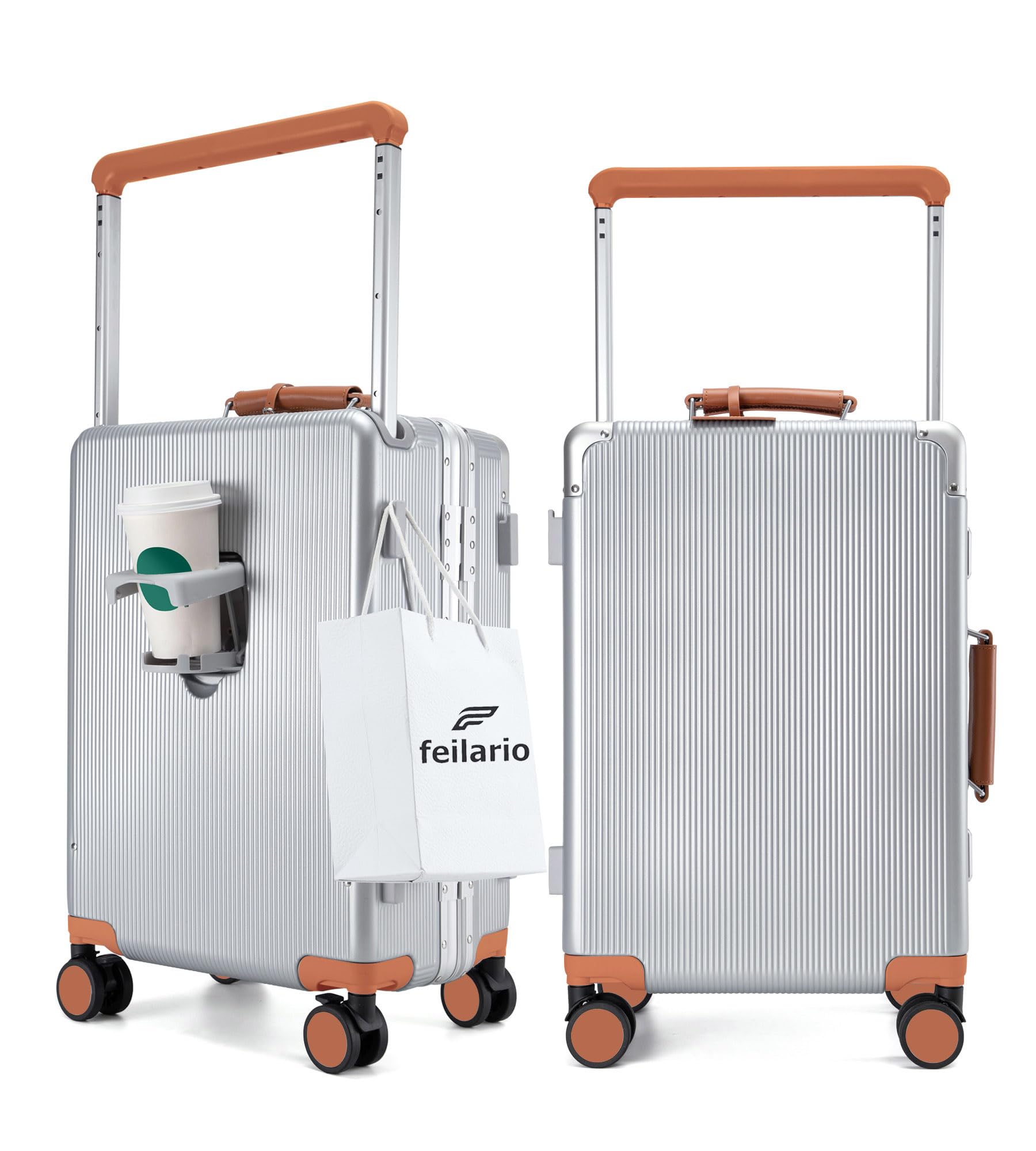 Feilario 20 Inch Aluminum Frame Carry On Luggage with Wide Handle & Spinner Wheels - TSA Approved Hardside Suitcase for Air Travel, Business Trips & Vacation | Durable PC Material, Cup Holder & Smooth Rolling Design