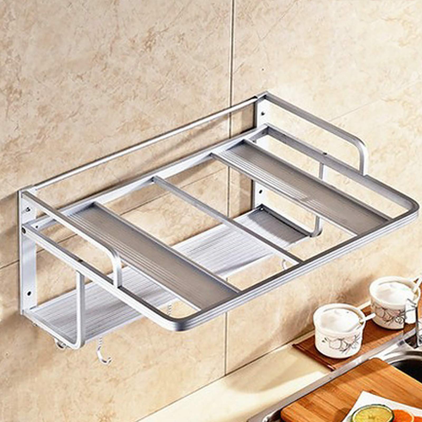 JYMEI Double-Layer Microwave Oven Stand - Sturdy Aluminum Alloy Kitchen Shelf & Wall Mounted Hanging Rack with 8 Hooks (Silver) - Perfect for Small Kitchen Space Saving & Microwave Organization