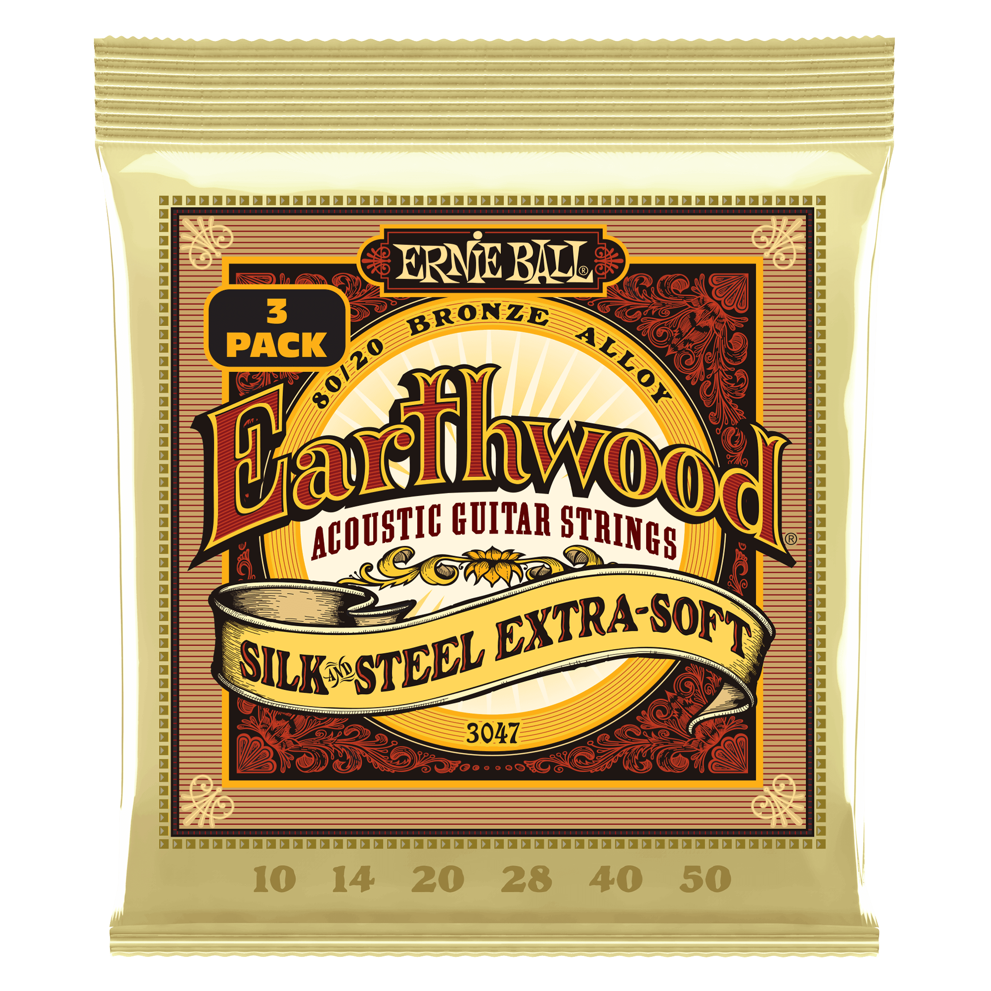 Ernie Ball Earthwood Silk & Steel Extra Soft Acoustic Guitar Strings (10-50) - 3 Pack | Bronze Wound for Warm Tone & Smooth Playability - Perfect for Fingerstyle & Light Strumming
