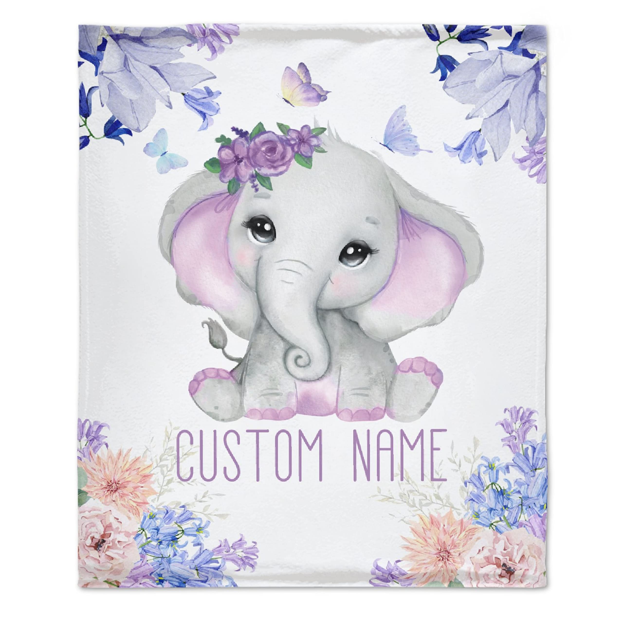 Personalized Baby Blanket with Name - Purple Floral Elephant Design Custom Fleece Blanket for Boys & Girls | Baby Shower Gift, Birthday Present for Daughter, Granddaughter, Niece | 120x90 Inch Large Soft Blanket for Nursery, Crib, Stroller & Family Snuggles