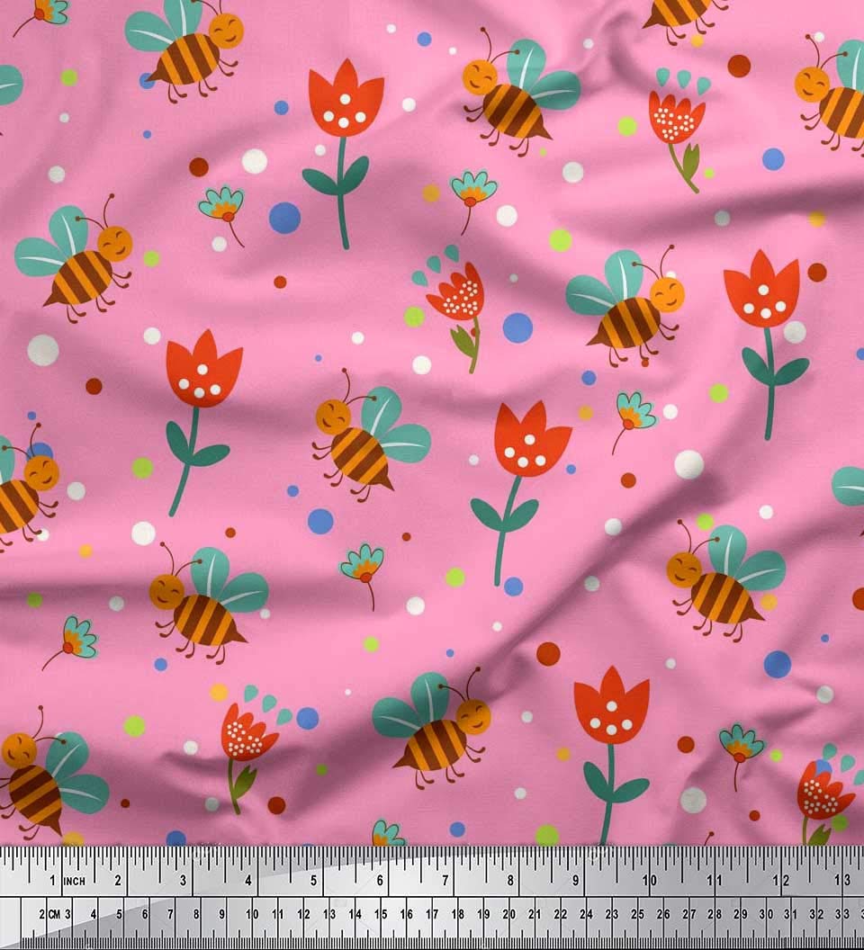 Soimoi Pink Poly Georgette Fabric - Floral Honey Bee Print for Dresses & Crafts