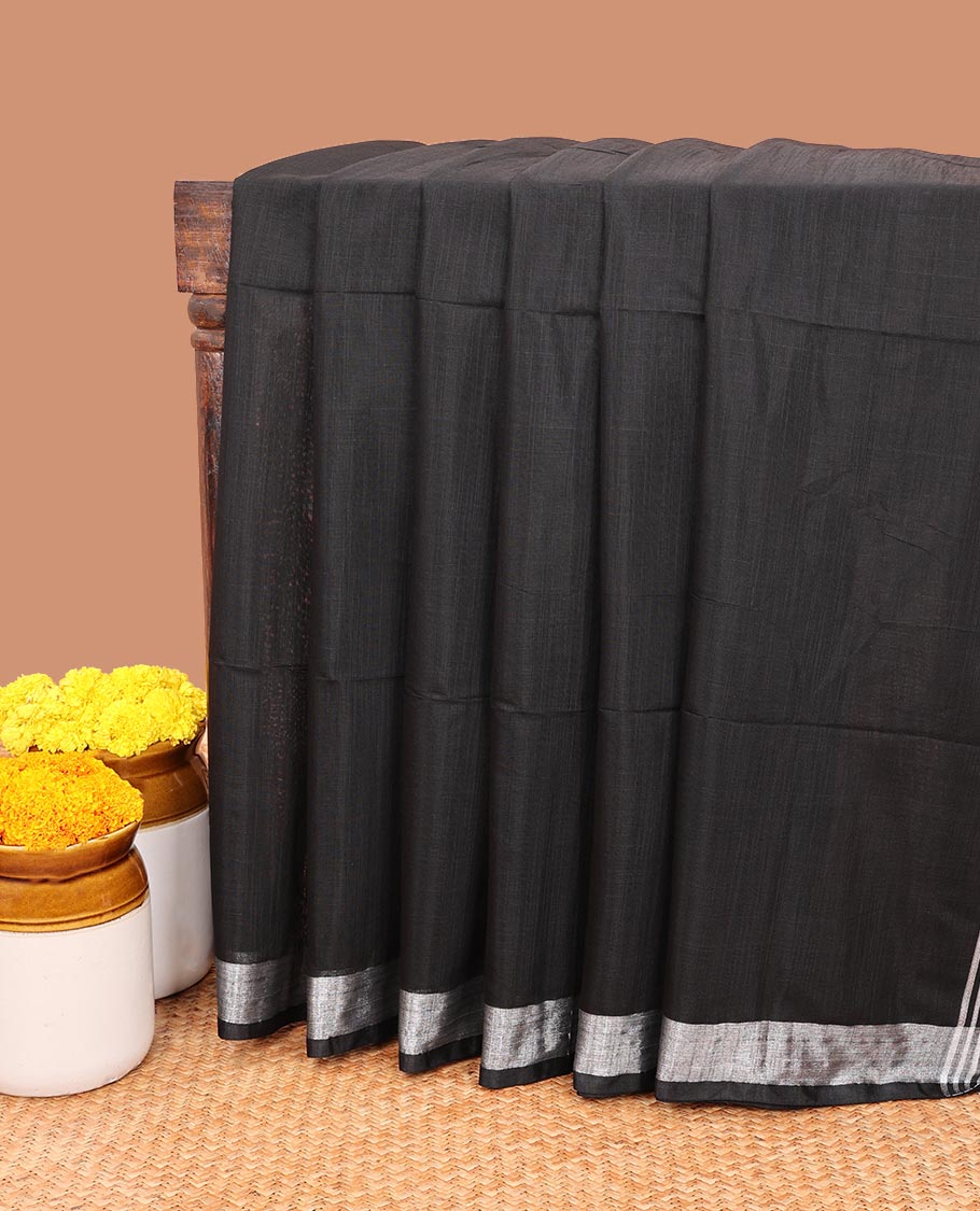 Elegant Black Linen Saree with Self Border & Striped Pallu - Perfect for Weddings, Parties, and Cultural Events