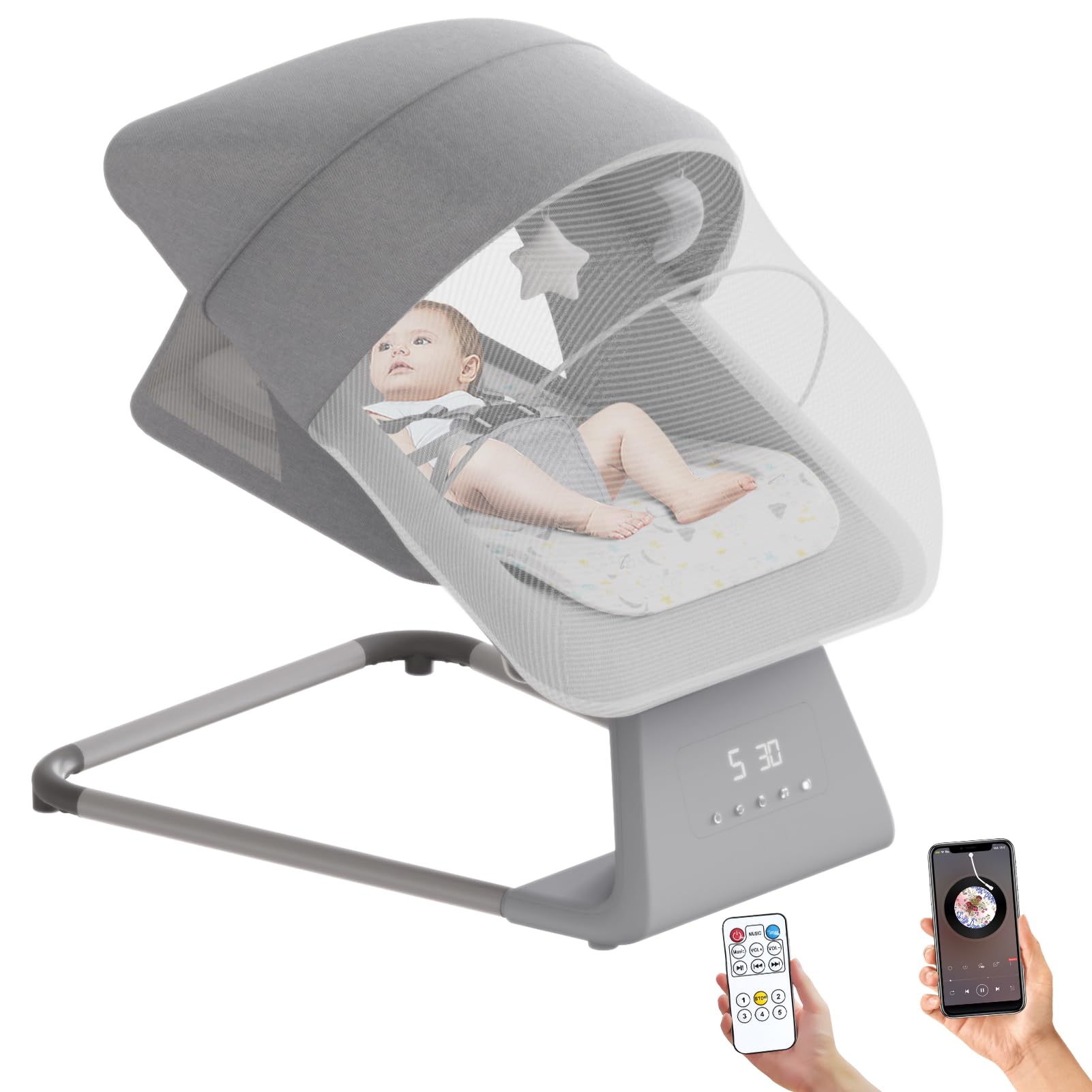 **Portable Baby Swing with Bluetooth & 5 Speeds - Indoor Infant Rocker Chair for Newborns & Toddlers - 11 Soothing Lullabies, Remote Control, Gray - Perfect for Nursery, Playtime & Calming Fussy Babies**