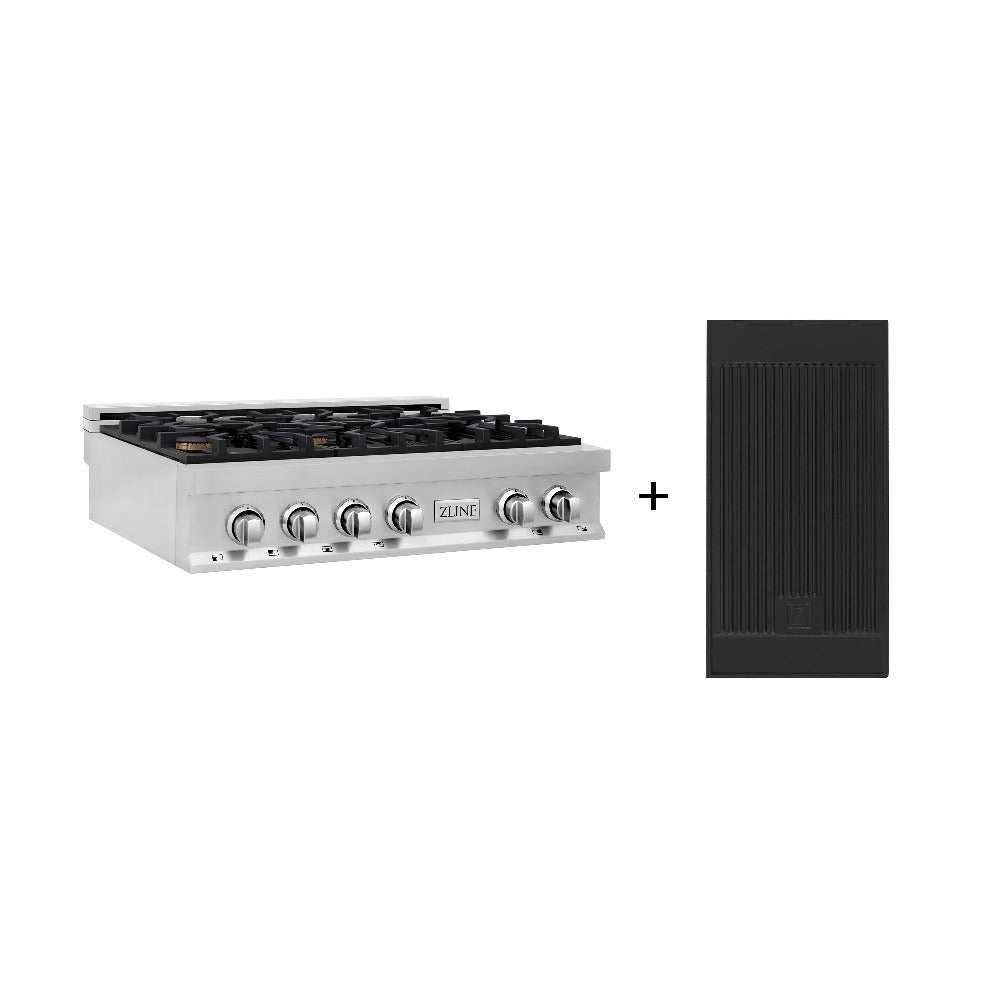 ZLINE 36 Inch Stainless Steel Gas Rangetop with 6 Brass Burners, Porcelain Cooktop & Built-in Griddle – Professional Grade for Home Kitchens, Perfect for Large Family Cooking & Entertaining (RT BR GR 36)