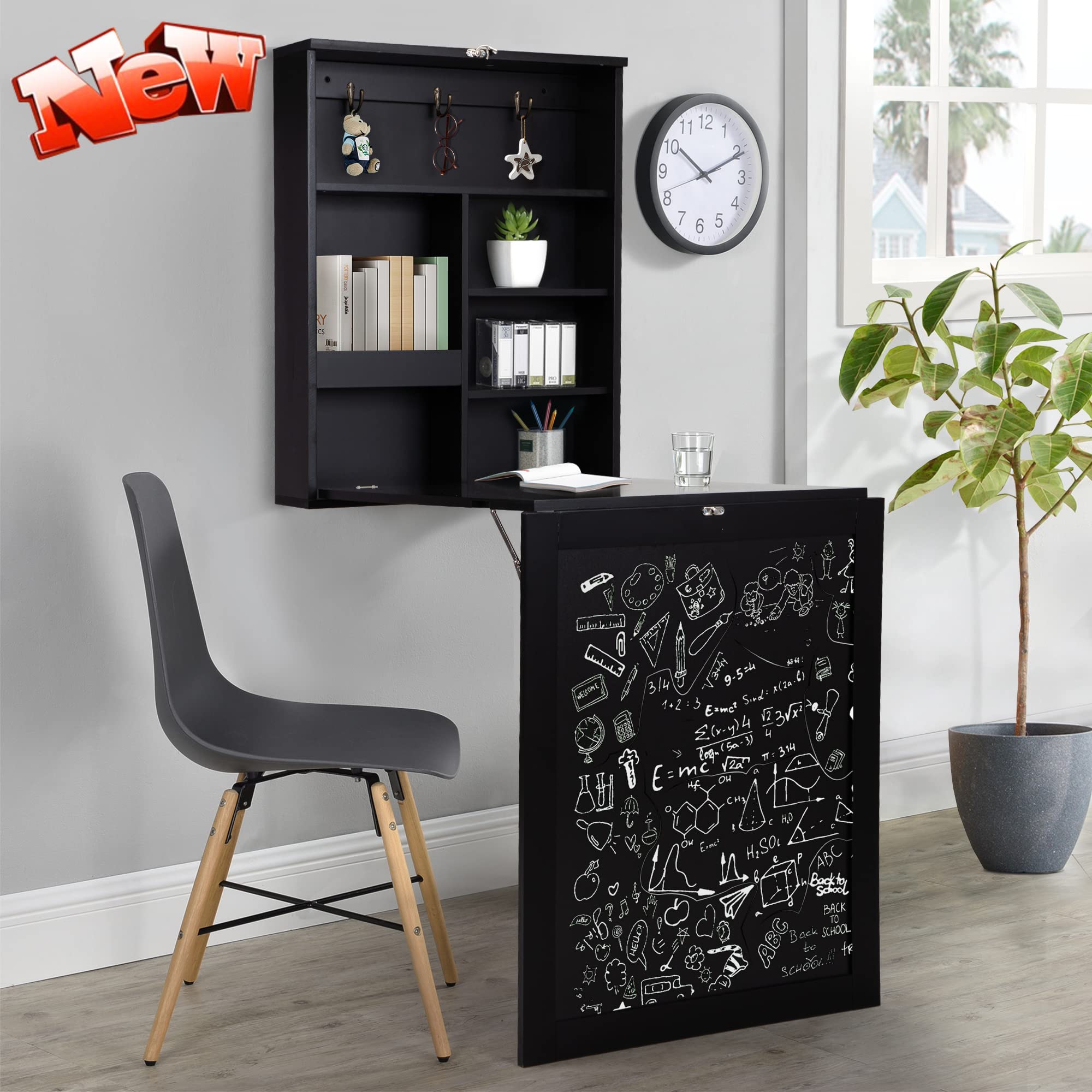 Norcia Folding Wall Mounted Table - Space Saving Convertible Craft Desk with Storage Shelf | Multi-Function Floating Computer Writing Desk for Small Spaces | Perfect for Home Office, Dorm Room & Studio (Black)