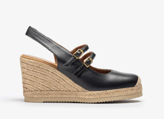 UNISA CYNTIA Black Leather Espadrille Sandals with Adjustable Ankle Straps - Comfortable Summer Wedges for Women, Perfect for Beach, Vacation & Casual Outings