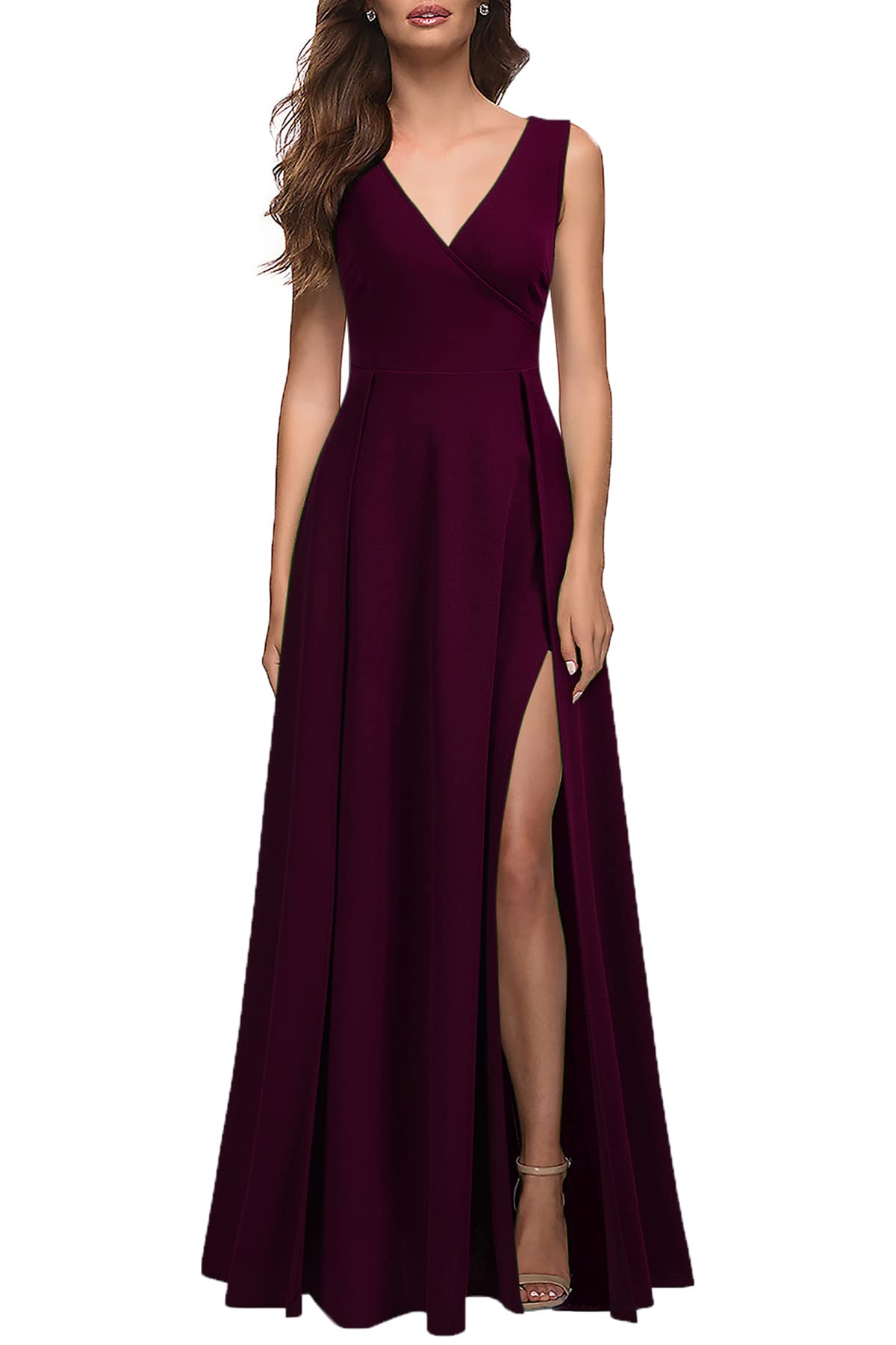 MUSHARE Women's V-Neck Sleeveless Formal Dress with High Slit - Elegant Cocktail Party & Prom Gown for Evening Events, Weddings, and Special Occasions
