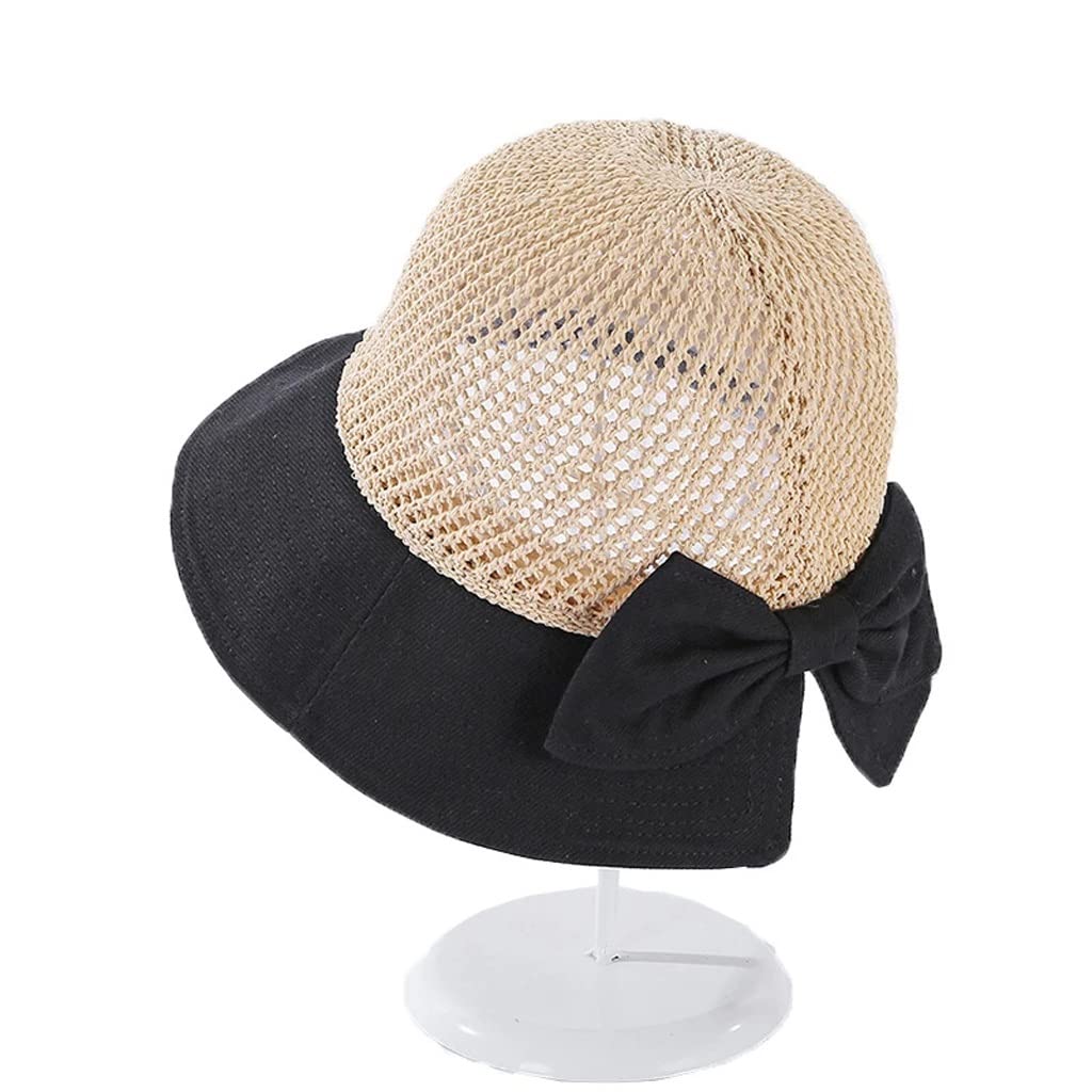 XWWDP Women's Summer Knit Sun Hat - Breathable Foldable UV Protection Wide Brim Beach Hat with Bow for Travel, Gardening, and Outdoor Activities