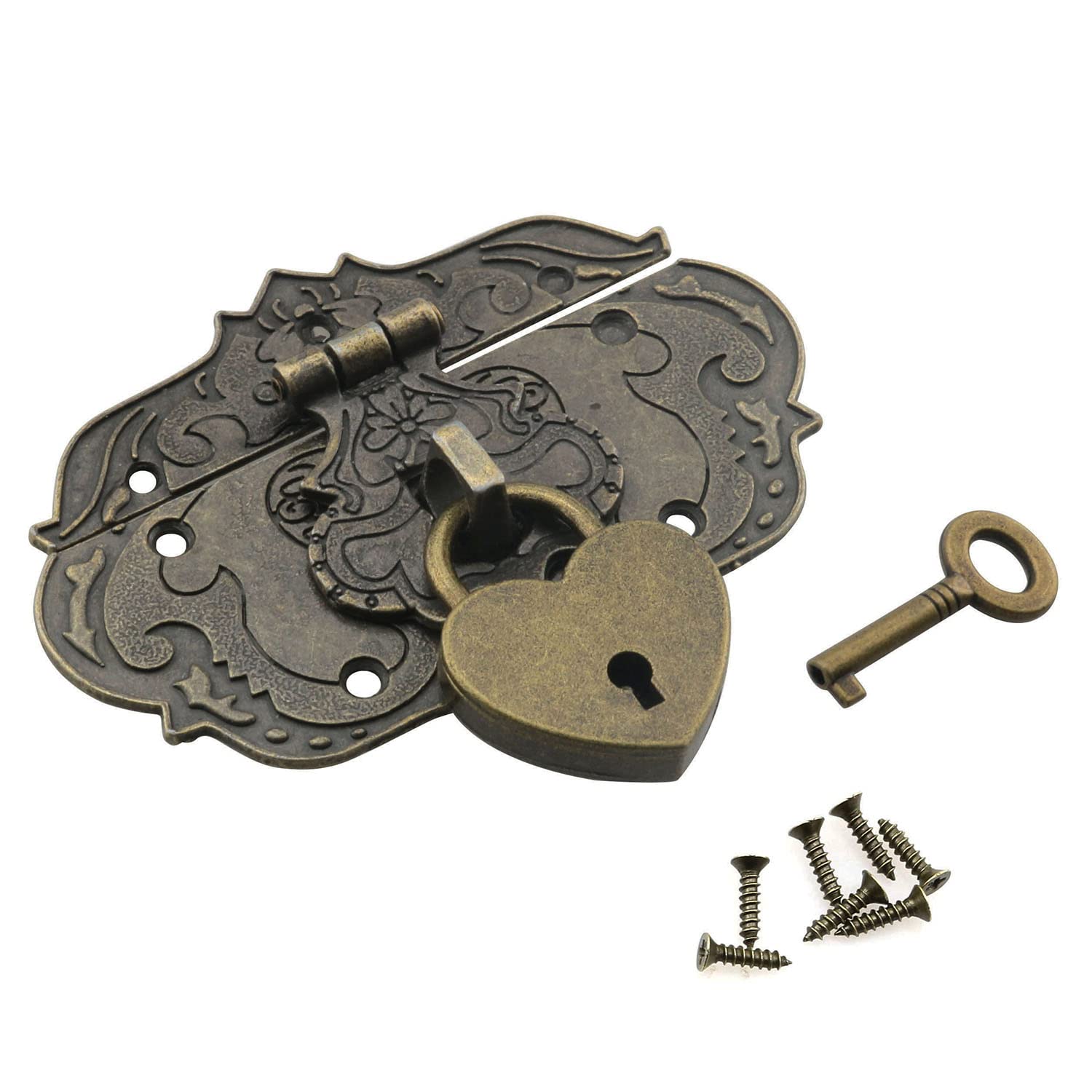 Antique Bronze Zinc Alloy Hasp Latch with Heart-Shaped Padlock & Key - Secure Wooden Jewelry Box Hardware with Mounting Screws - Perfect for Keepsake Chests, Treasure Boxes & DIY Craft Projects