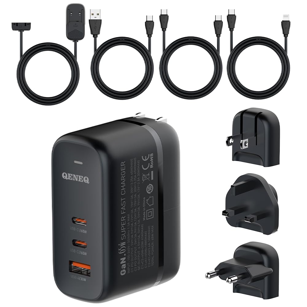 QENEQ GaN 65W USB C Fast Charger with 3 Ports, Foldable Wall Charger & Universal Travel Adapter (EU/UK Plug) - Compatible with MacBook, iPad Pro/Air, iPhone 15/16, Samsung S24, Laptop, Steam Deck - Perfect for Travel, Office & Home Use
