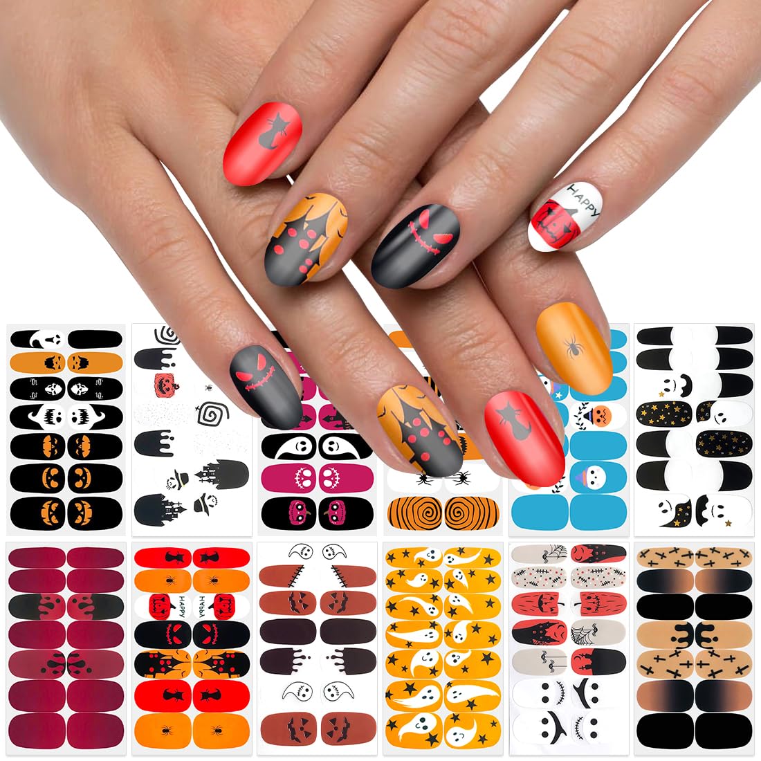 12 Sheets Self-Adhesive Nail Polish Stickers | Full Nail Wraps for Women | Halloween & Christmas Holiday Designs | Includes 1 Nail File | Perfect for Manicures, Parties & Gift Giving