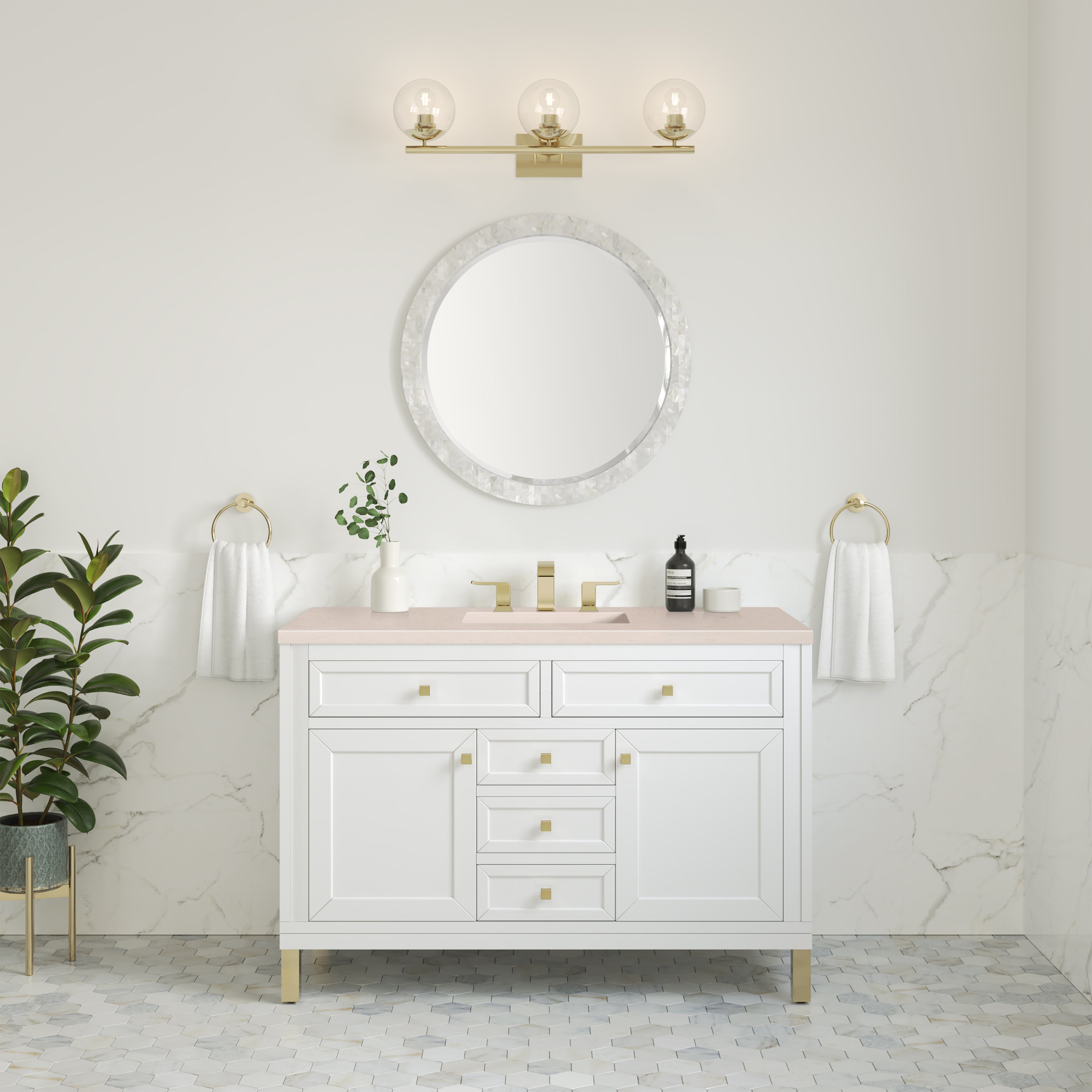 Chicago 48 Inch Single Bathroom Vanity Set - Glossy White Finish with 3CM Eternal Marfil Stone Top | Perfect for Modern Home Bathroom Renovation & Small Space Design