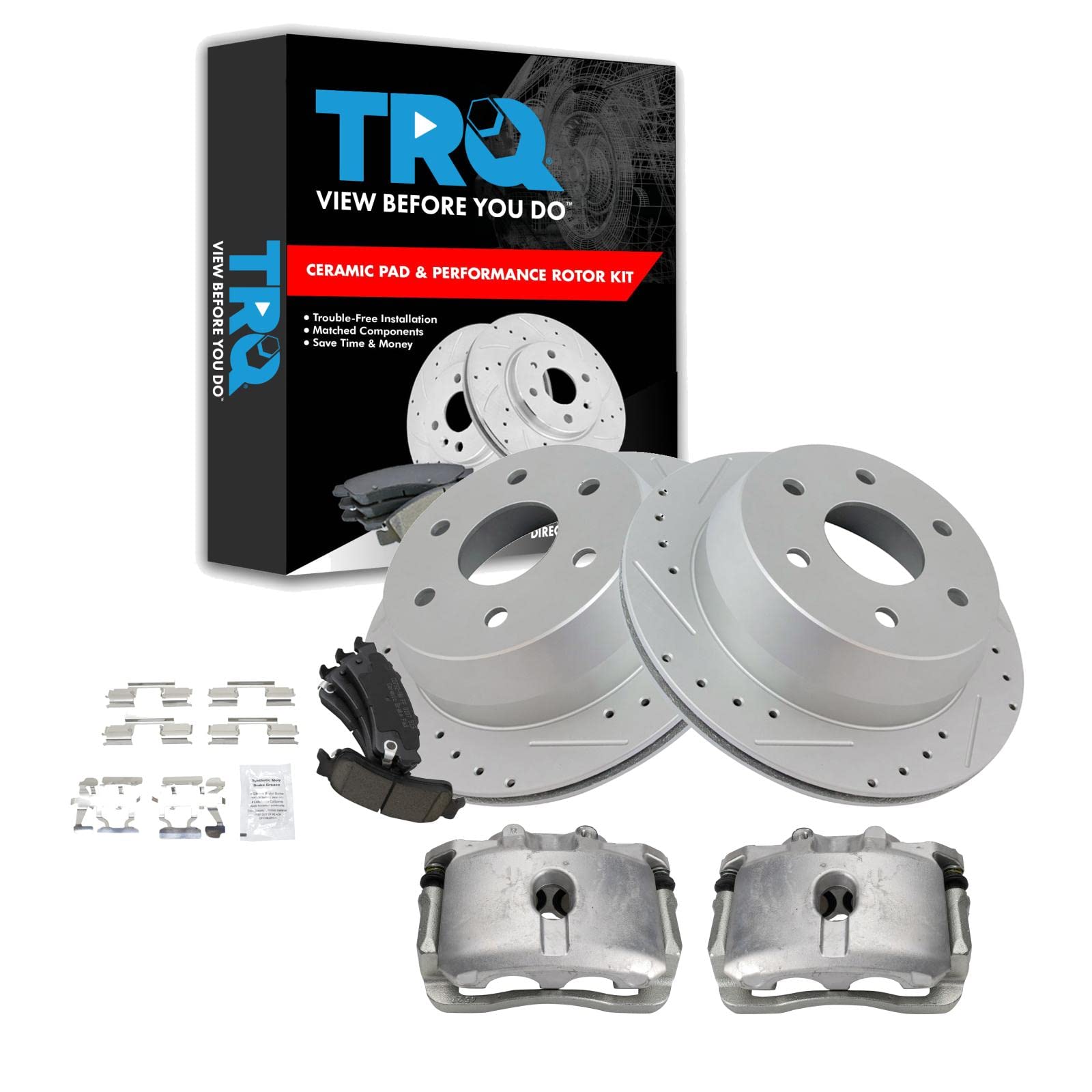 TRQ Rear Brake Calipers with Ceramic Pads & Drilled Rotors - Compatible with Chevy Avalanche & Silverado 1500/2500/3500 - Perfect for Off-Roading, Towing & Heavy-Duty Performance