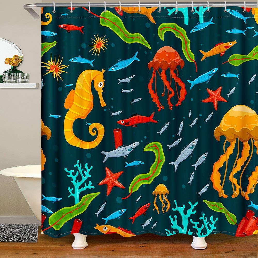 Vibrant Orange Seahorse & Red Jellyfish Underwater Theme Shower Curtain Set - Waterproof, Washable Bathroom Decor with Coral & Seaweed Design (72x84 Inches) - Perfect for Beach House, Kids' Bathroom or Ocean-Themed Home Decor