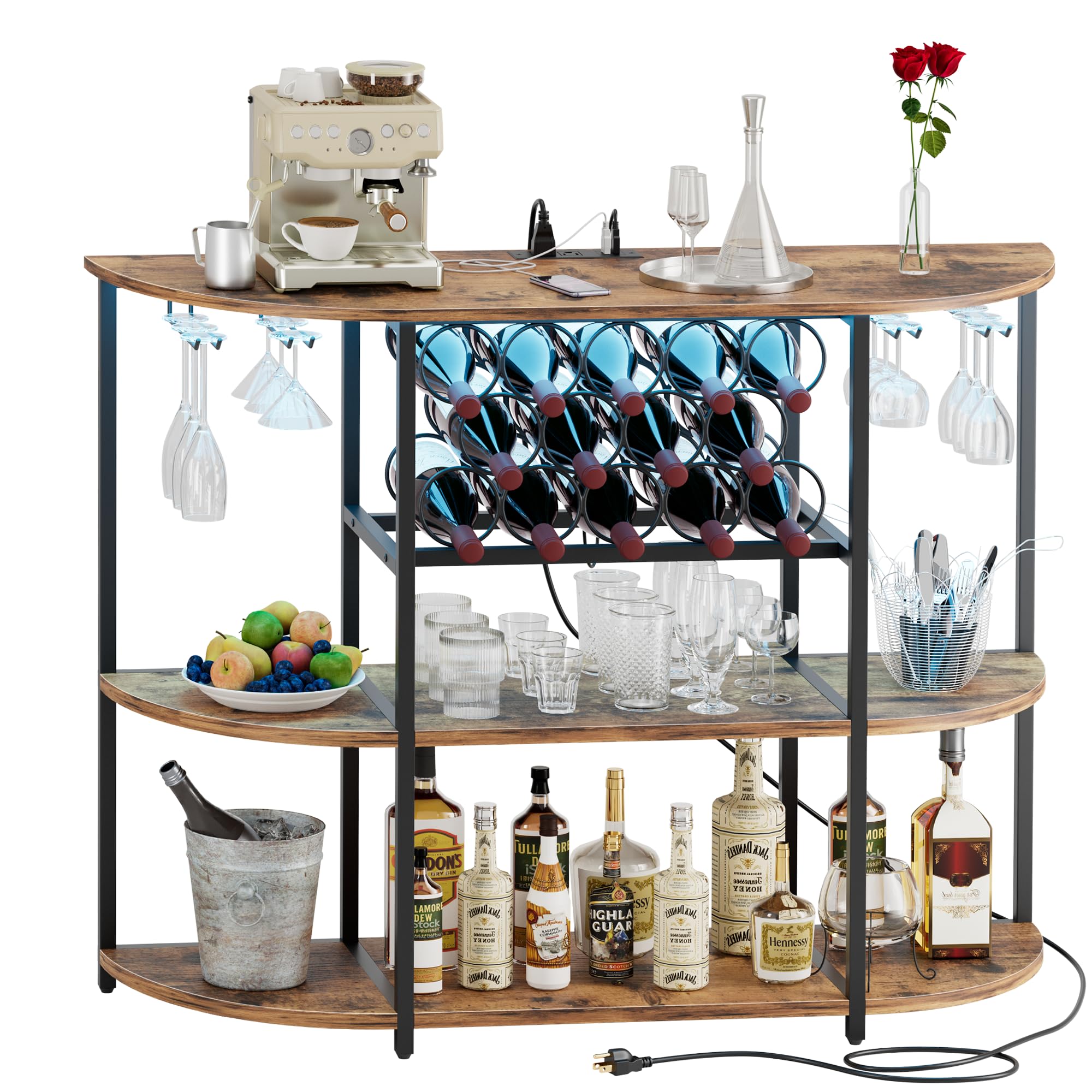 Shahoo Rustic Brown Wine Bar Cabinet with Rack - Built-in Power Outlets & LED Lights, Storage Shelves for Liquor Bottles & Glasses - Perfect for Home Kitchen, Dining Room or Entertainment Area