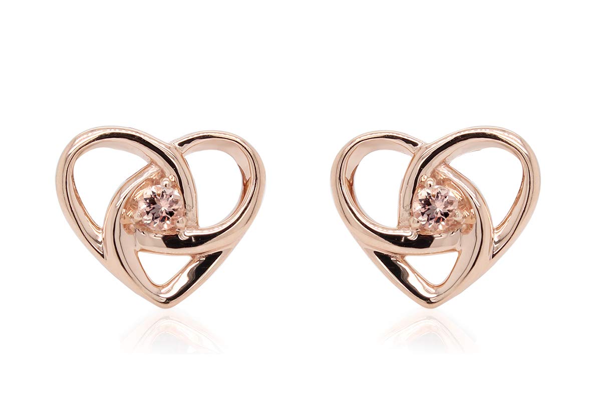 GEMVIO 1/10 Carat Celtic Knot Heart Stud Earrings - 10K Gold Round Morganite Gemstone (2.25mm) for Women | Anniversary, Wedding & Birthday Gift | 0.10 CTTW | Elegant Jewelry for Date Night & Special Occasions