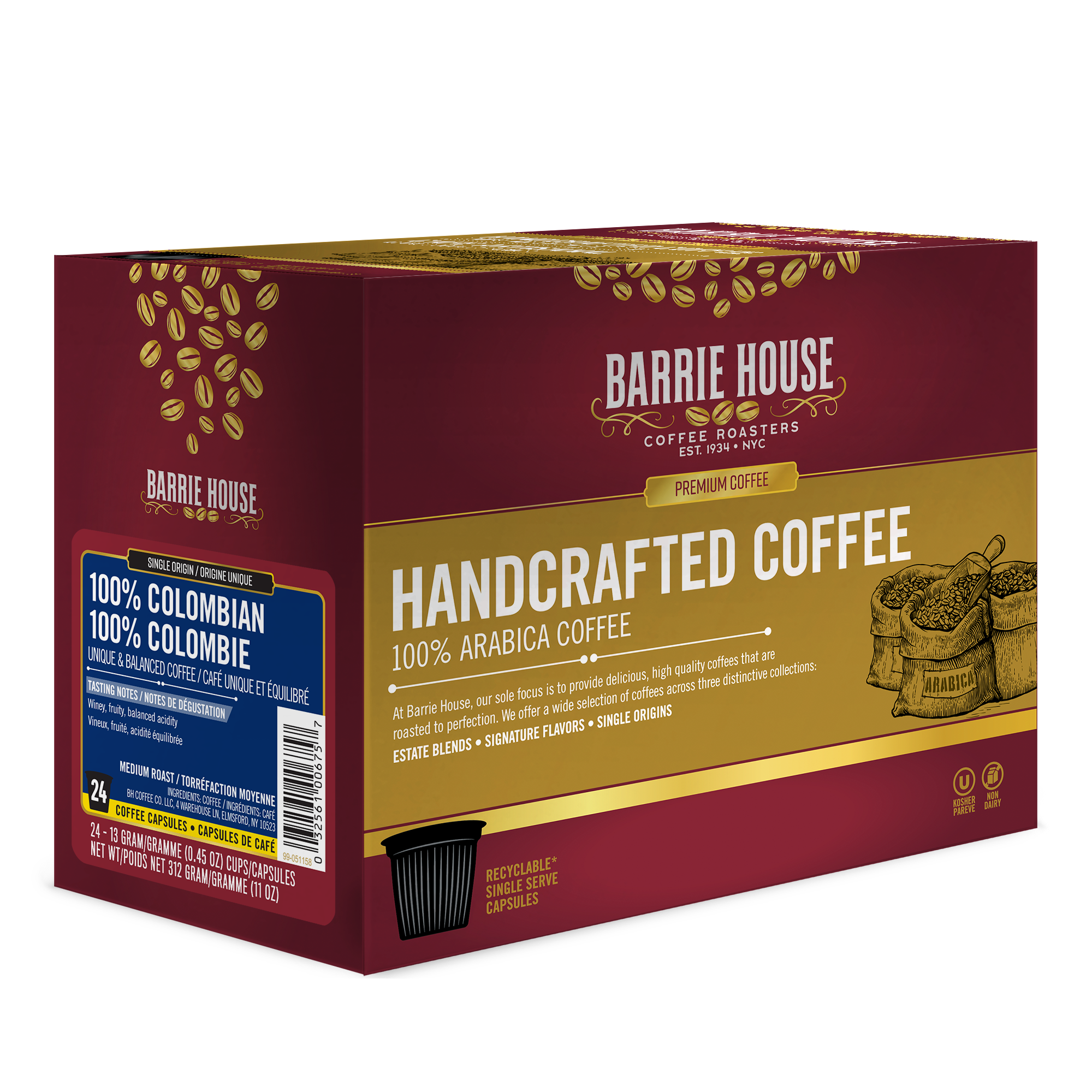 Barrie House 100% Colombian Single Serve Coffee Pods, 24 Count - Perfect for Keurig Machines, Office Break Rooms & Home Brewing