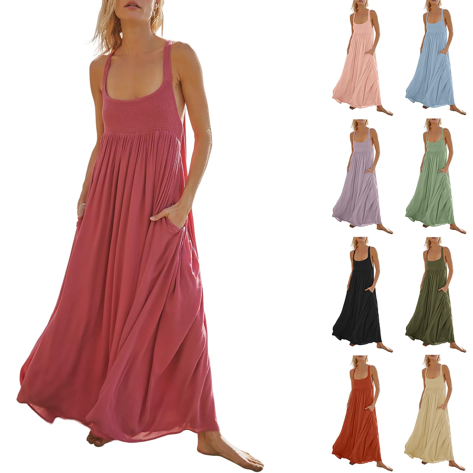 Sexy Halter Neck Side Split Boho Maxi Dress for Women - Summer Sleeveless Smocked Dress with Pockets | Perfect for Beach Vacations, Date Nights & Casual Outings