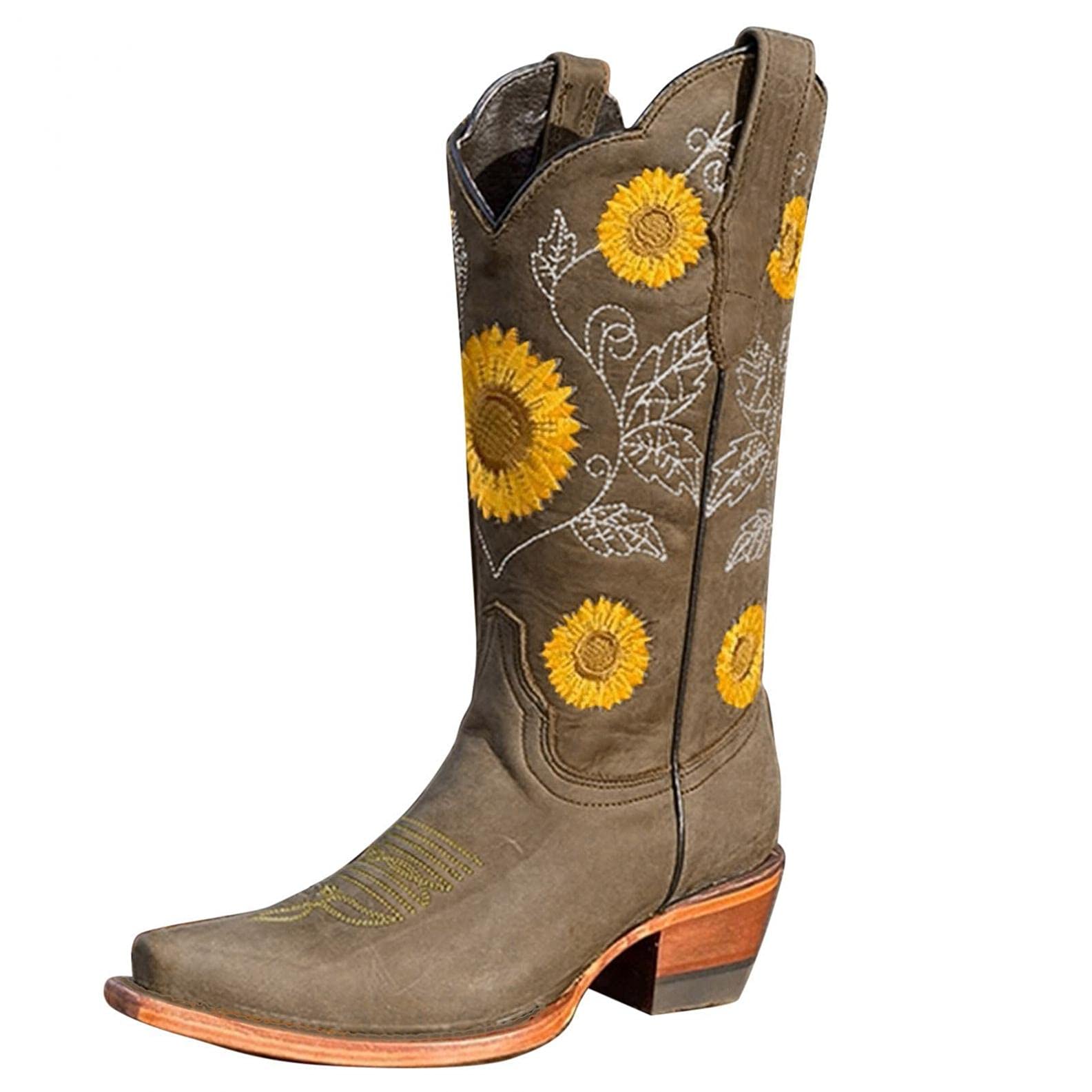 **Gibobby Women's Western Boots - Sunflower Embroidery Cowboy Boots, Mid Calf Chunky Heel Square Toe Pull-On Boots for Country Style & Outdoor Riding**    (使用场景: Perfect for country fashion, rodeo events, horseback riding, and casual western wear.)