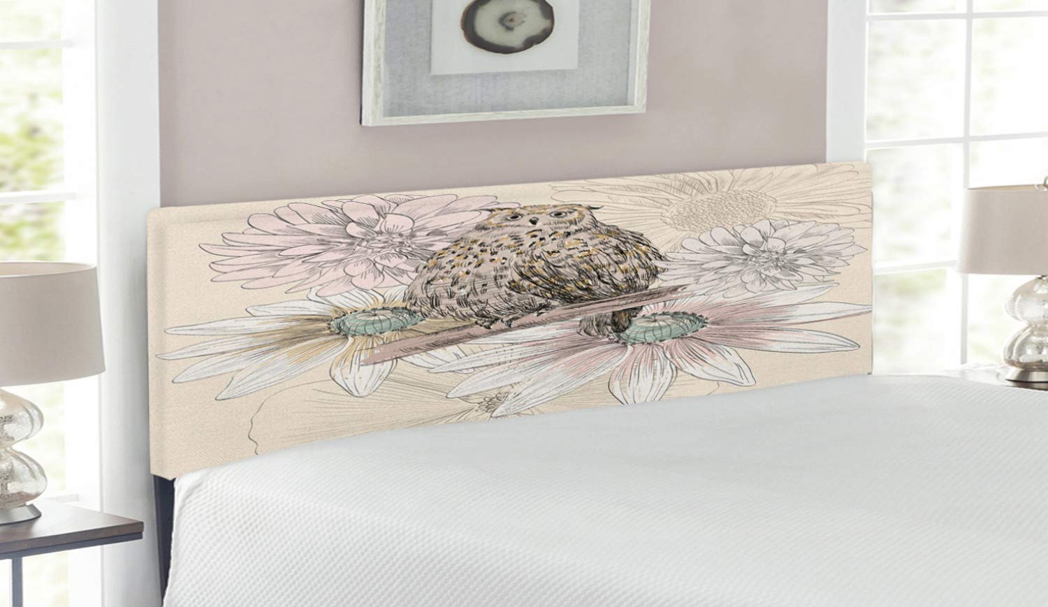 Lunarable Owl Headboard - Sketch Animal on Branch with Peonies, Daisies & Carnations Print - Upholstered Decorative Metal Bed Headboard with Memory Foam - Queen Size in Sand Brown & Pale Pink - Perfect for Bohemian & Nature-Inspired Bedroom Decor
