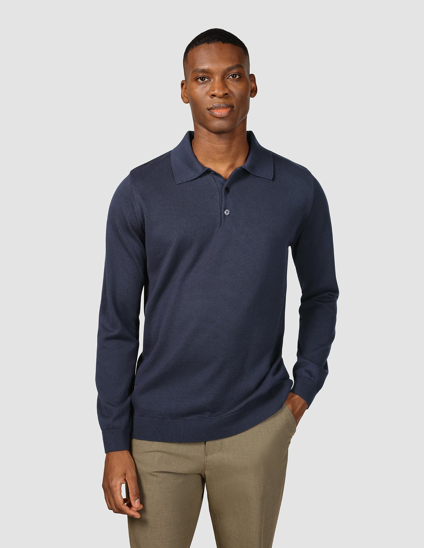 Men's Classic Knit Long Sleeve Polo Shirt - Navy Blue - Comfortable Casual Wear for Office, Golf & Everyday Outfits