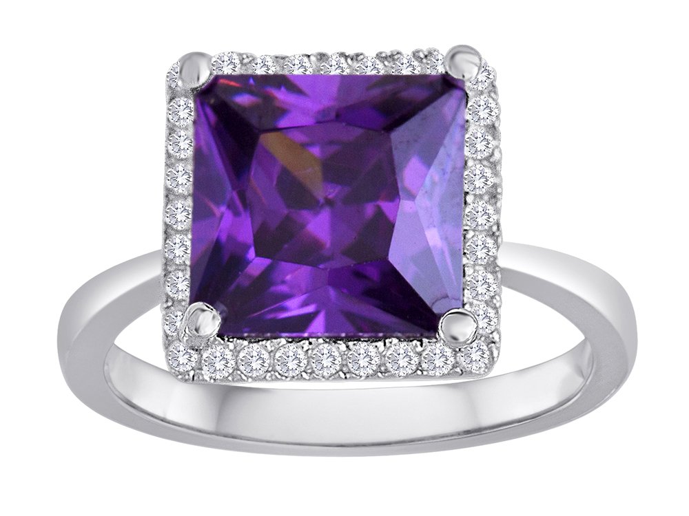 Star K Square Cut Simulated Amethyst Halo Ring Sterling Silver - Elegant Jewelry for Women, Perfect for Engagement, Wedding & Special Occasions