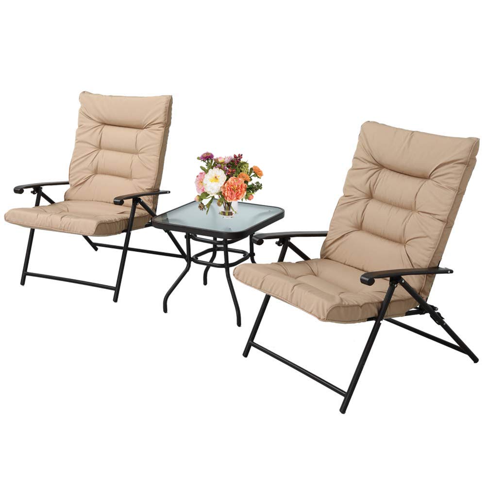 Patiomore 3-Piece Outdoor Patio Furniture Set - Foldable Reclining Chairs with Padded Beige Cushions & Glass Coffee Table - Black Metal Frame for Balcony, Lawn, Porch, Garden & Backyard Relaxation