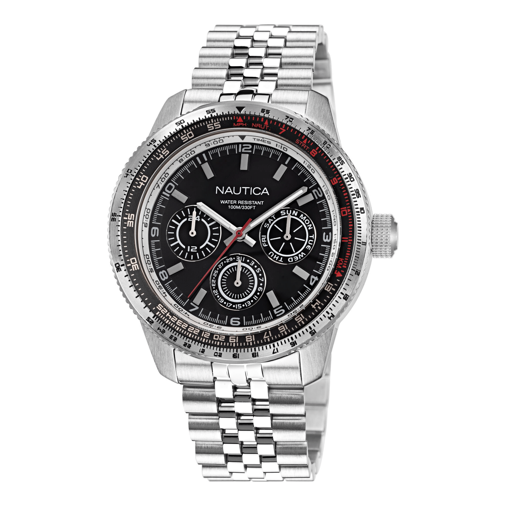 Nautica Pier 39 46mm Multifunction Stainless Steel Men's Watch - Waterproof Chronograph for Diving, Swimming & Outdoor Activities