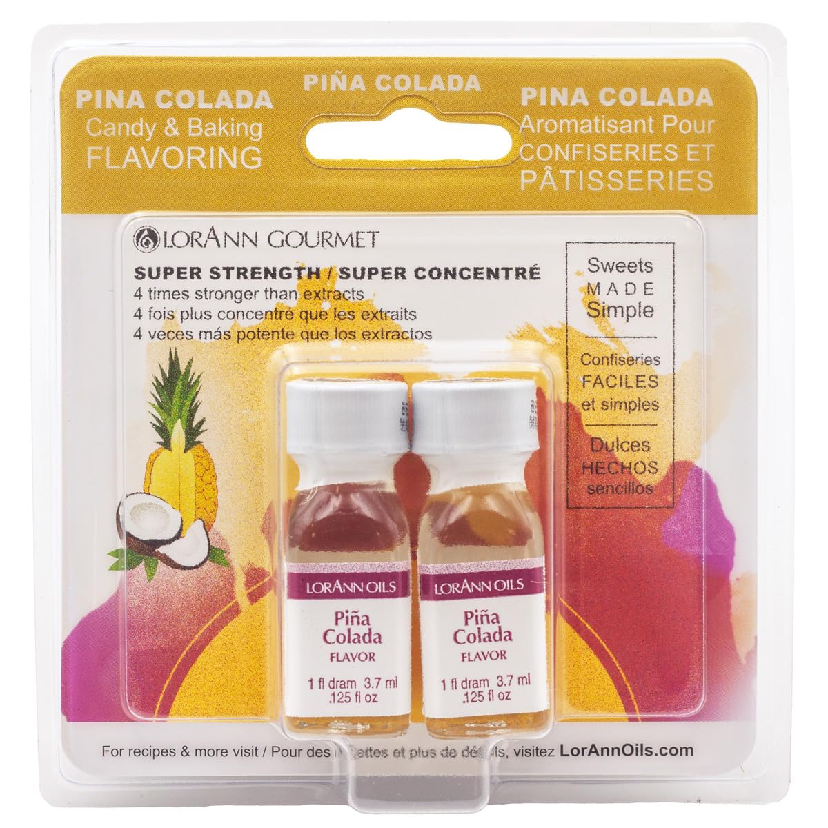 LorAnn Oils Super Strength Flavoring for Candy Making, Baking & Hard Candy - 4X Stronger Than Extracts - Pina Colada Flavor Oil (Pack of 2, 0.125 fl oz) - Perfect for DIY Treats, Cocktails & Dessert Decorations