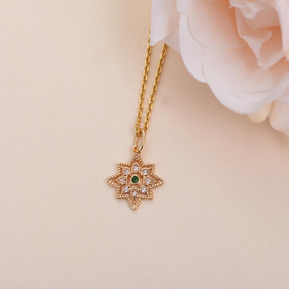 Natural Emerald & Moissanite Vintage Inspired Rose Gold Necklace for Women - Elegant Jewelry Gift for Anniversary, Wedding & Special Occasions
