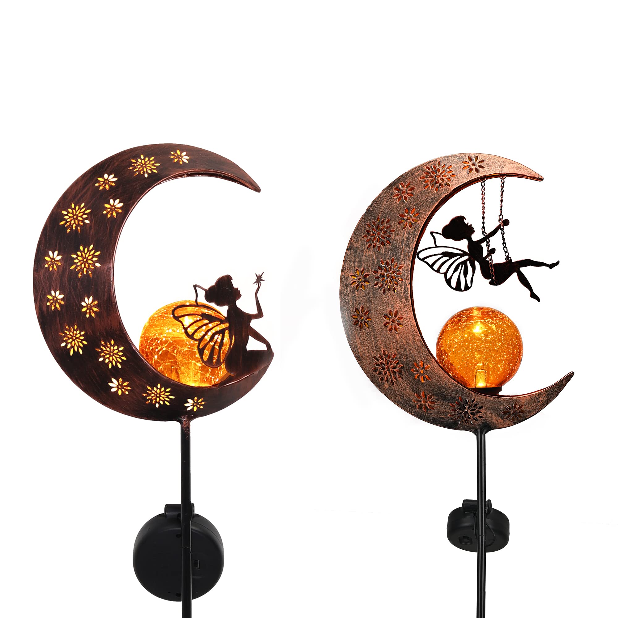2 Pack Solar Moon Garden Lights - Crackle Glass Ball Metal Stake Lights for Yard, Lawn, Patio Decor | Outdoor Solar Powered Landscape Lighting for Garden, Pathway, Walkway Decoration