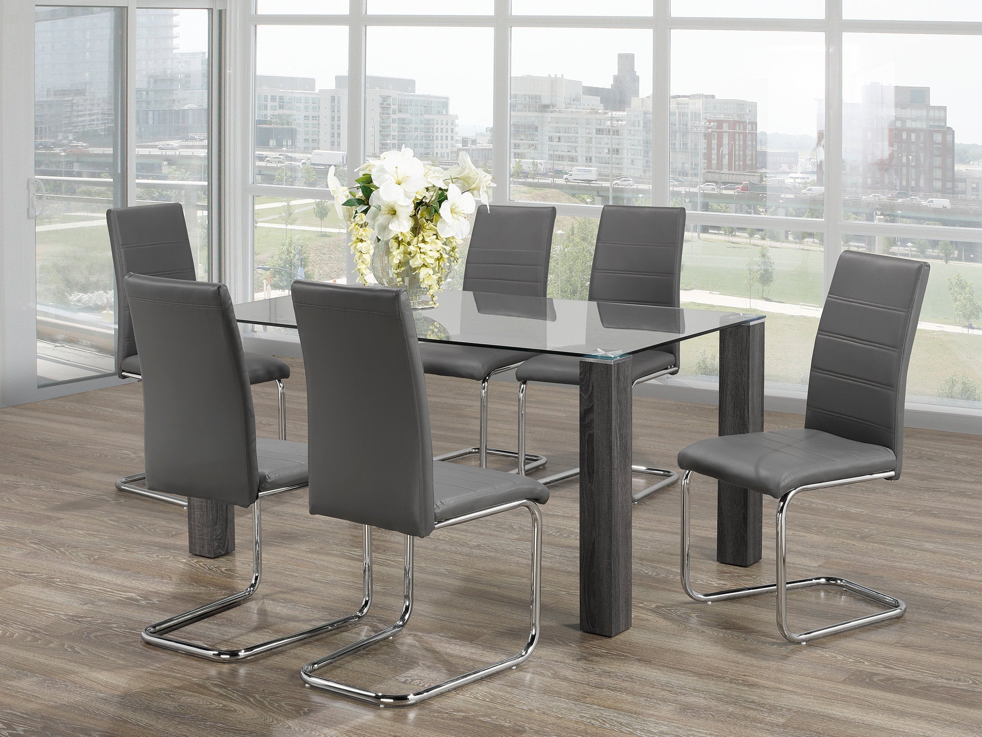 7-Piece Glass Dining Table Set with Grey Wooden Legs & Grey PU Chairs - Modern Kitchen Dining Room Furniture for Family Meals & Entertaining Guests