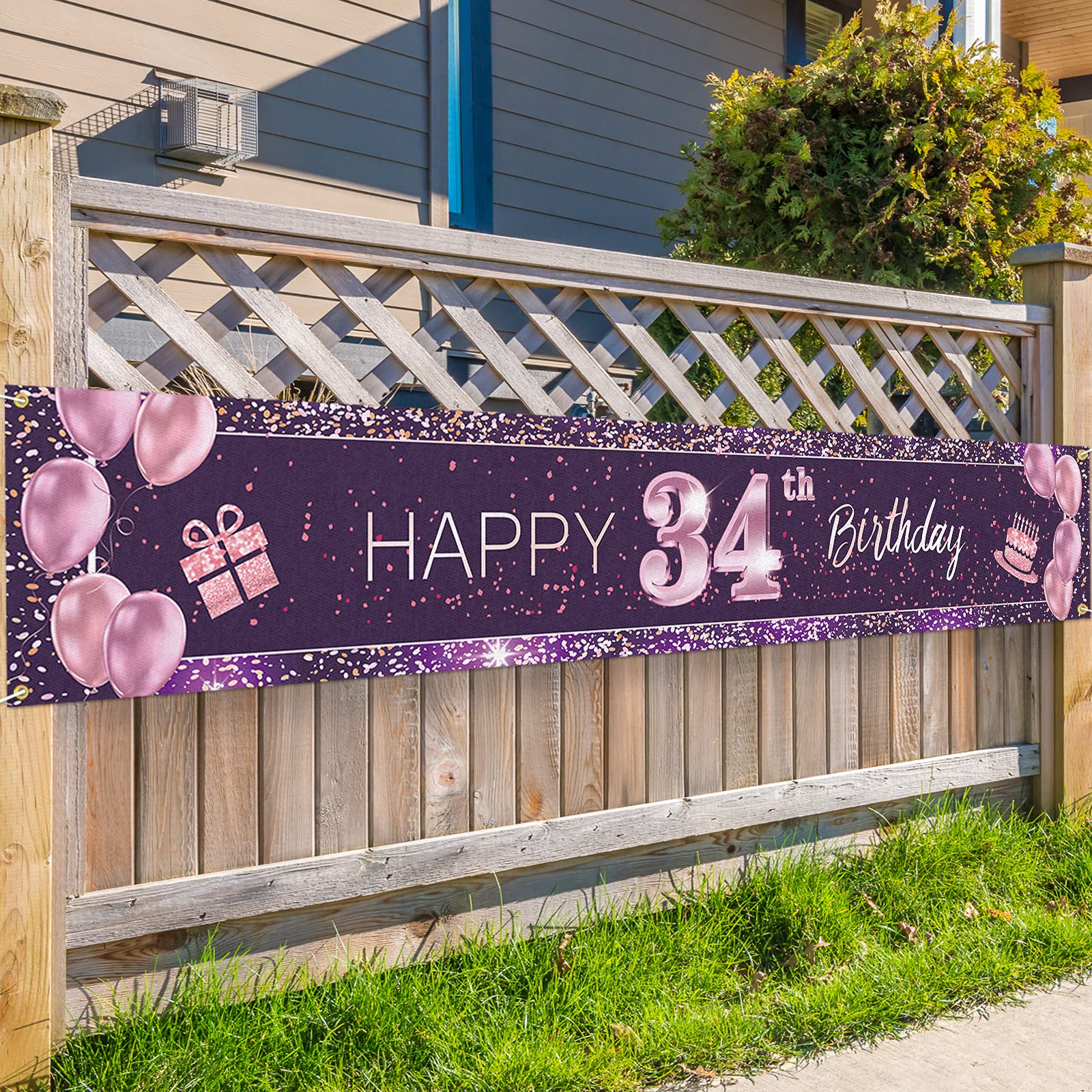 Happy 34th Birthday Backdrop - Pink Party Decor for Celebrations