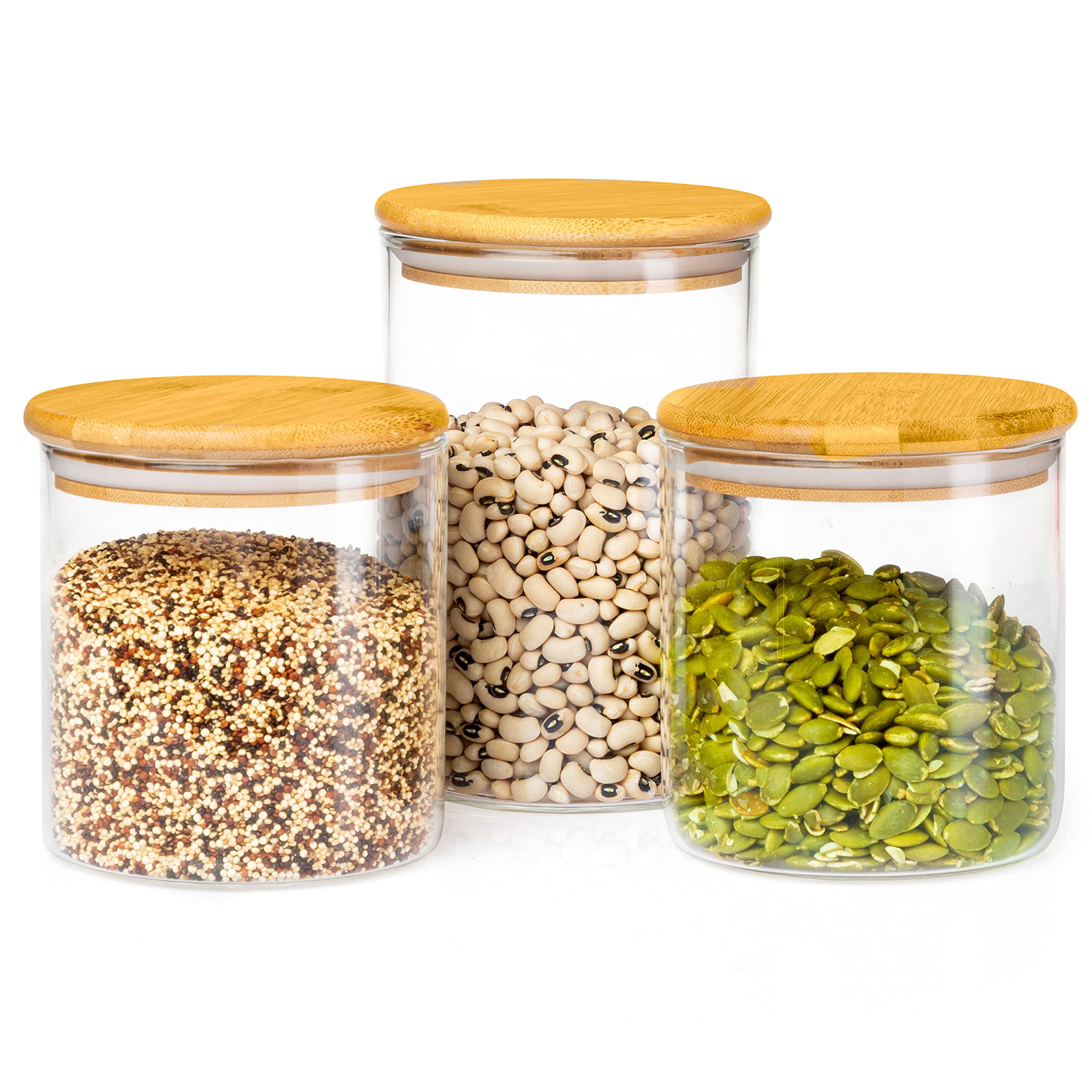 Crutello 3-Piece Glass Food Storage Containers with Bamboo Lids - 32oz + 2x23oz Airtight Kitchen Canisters for Flour, Sugar & Dry Goods | Pantry Organization & Meal Prep Containers